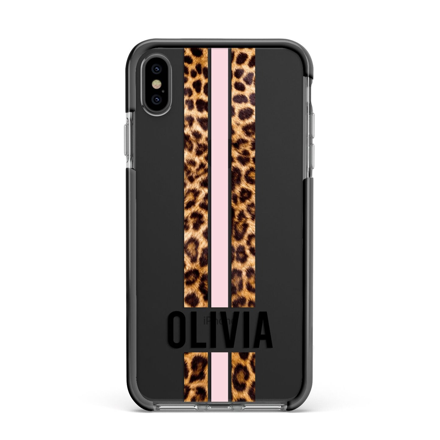 Personalised Leopard Print Stripe Apple iPhone Xs Max Impact Case Black Edge on Black Phone