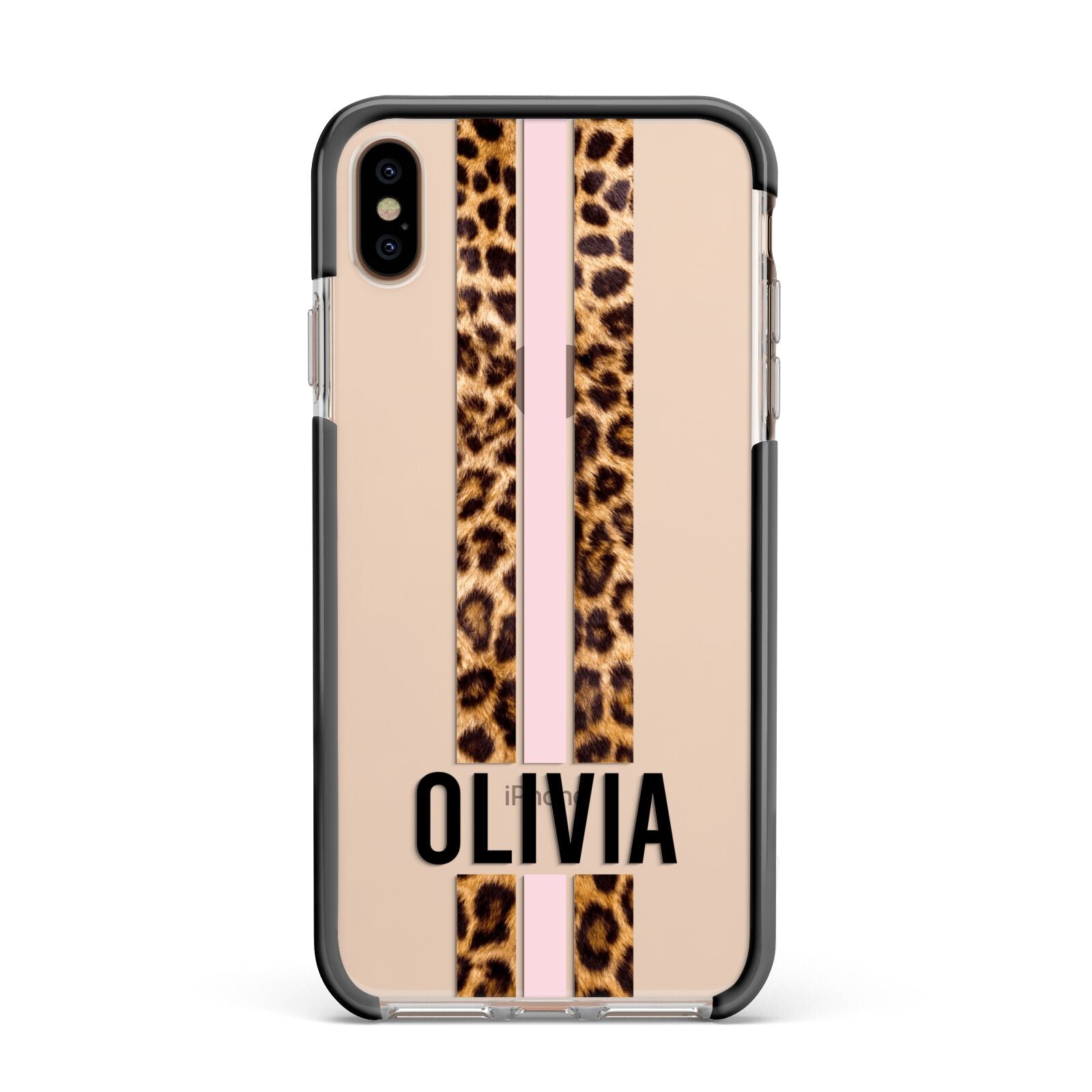 Personalised Leopard Print Stripe Apple iPhone Xs Max Impact Case Black Edge on Gold Phone