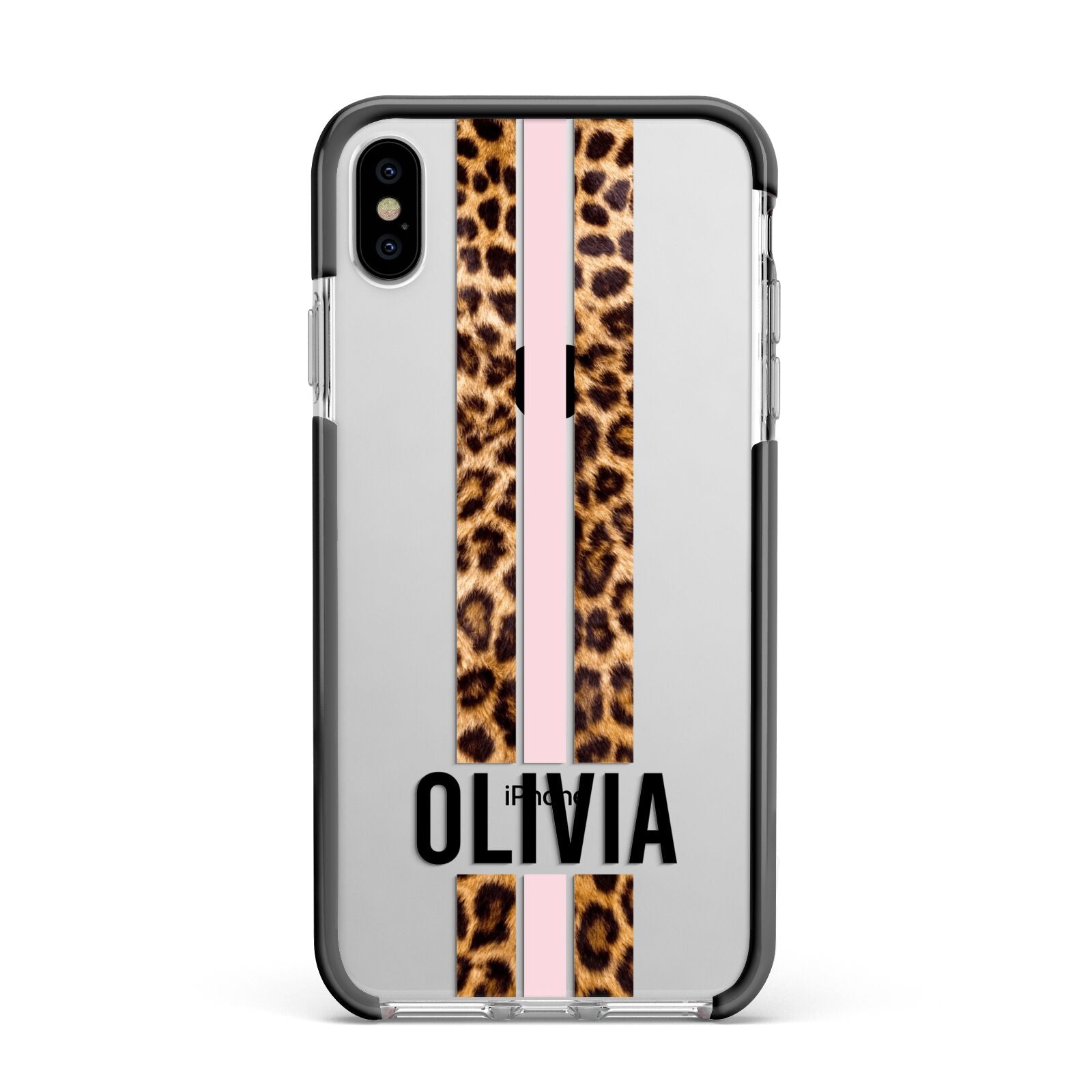 Personalised Leopard Print Stripe Apple iPhone Xs Max Impact Case Black Edge on Silver Phone