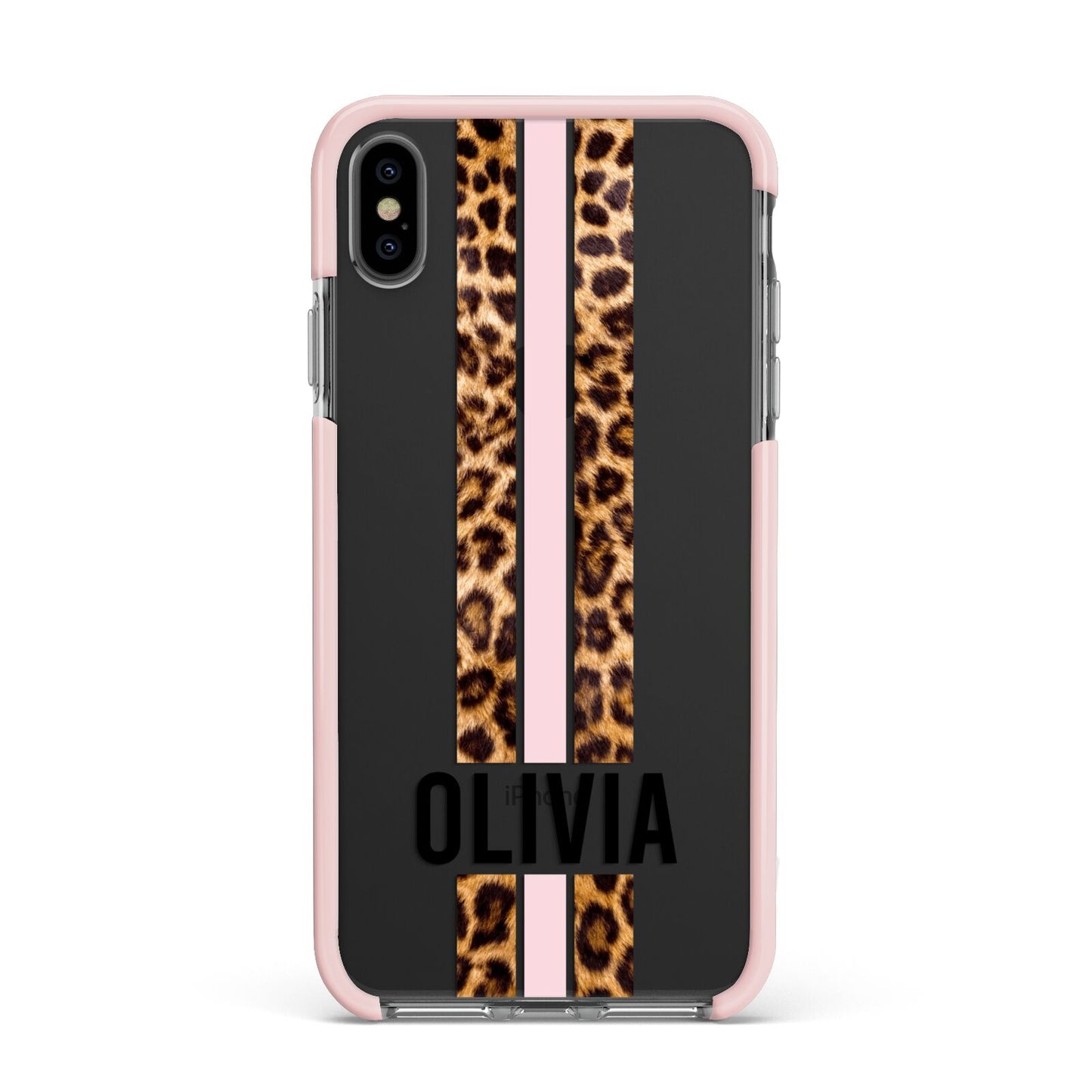 Personalised Leopard Print Stripe Apple iPhone Xs Max Impact Case Pink Edge on Black Phone