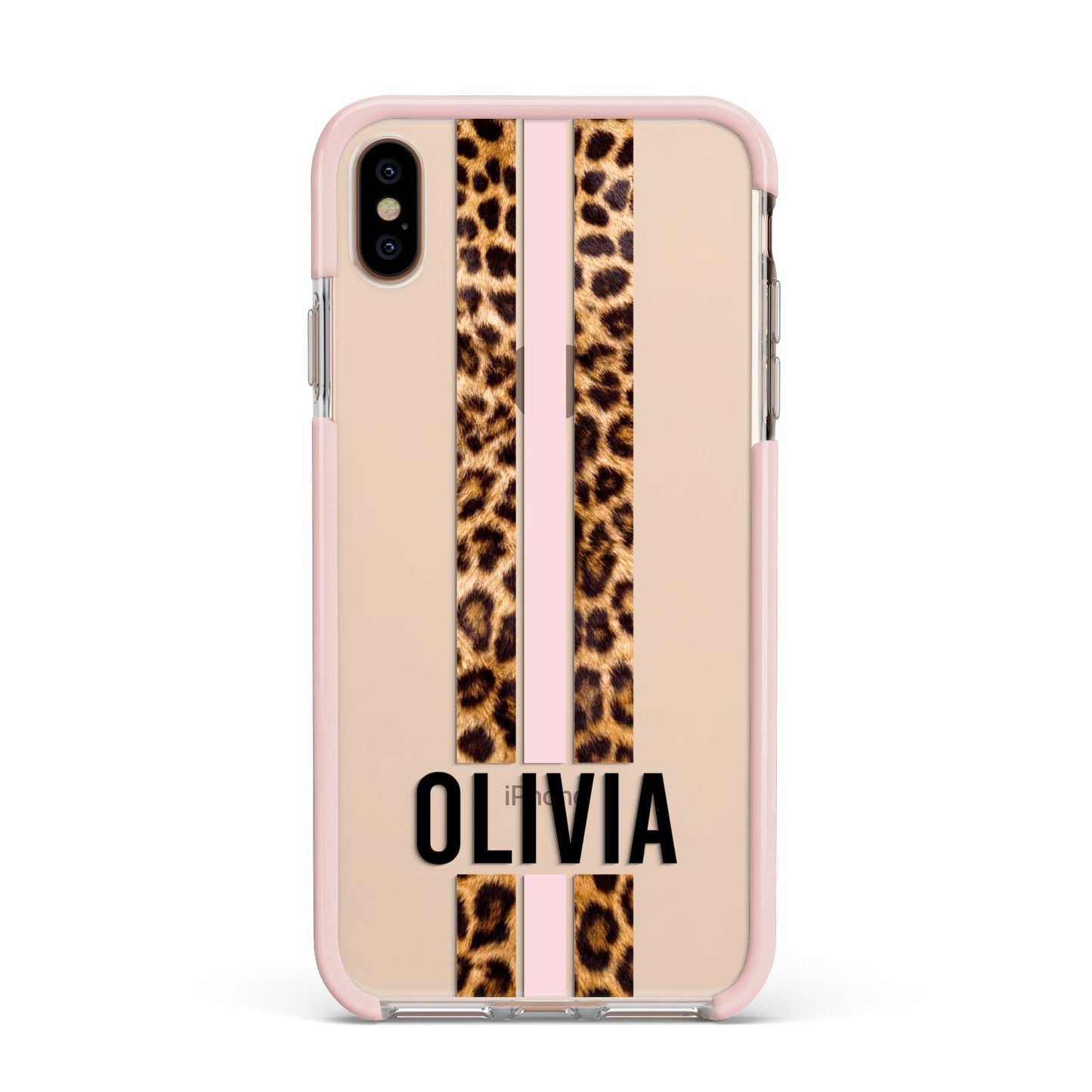 Personalised Leopard Print Stripe Apple iPhone Xs Max Impact Case Pink Edge on Gold Phone