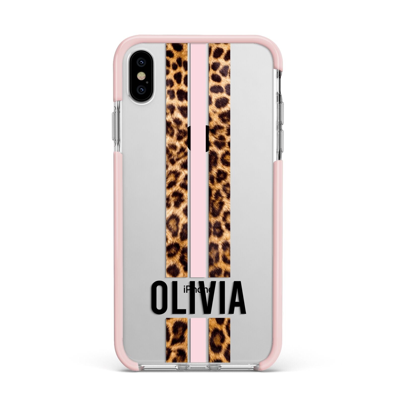 Personalised Leopard Print Stripe Apple iPhone Xs Max Impact Case Pink Edge on Silver Phone