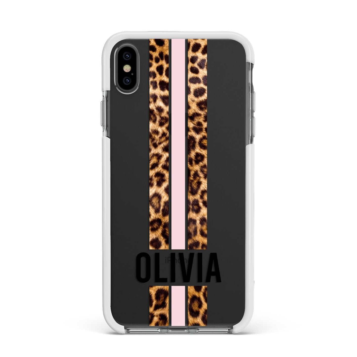 Personalised Leopard Print Stripe Apple iPhone Xs Max Impact Case White Edge on Black Phone