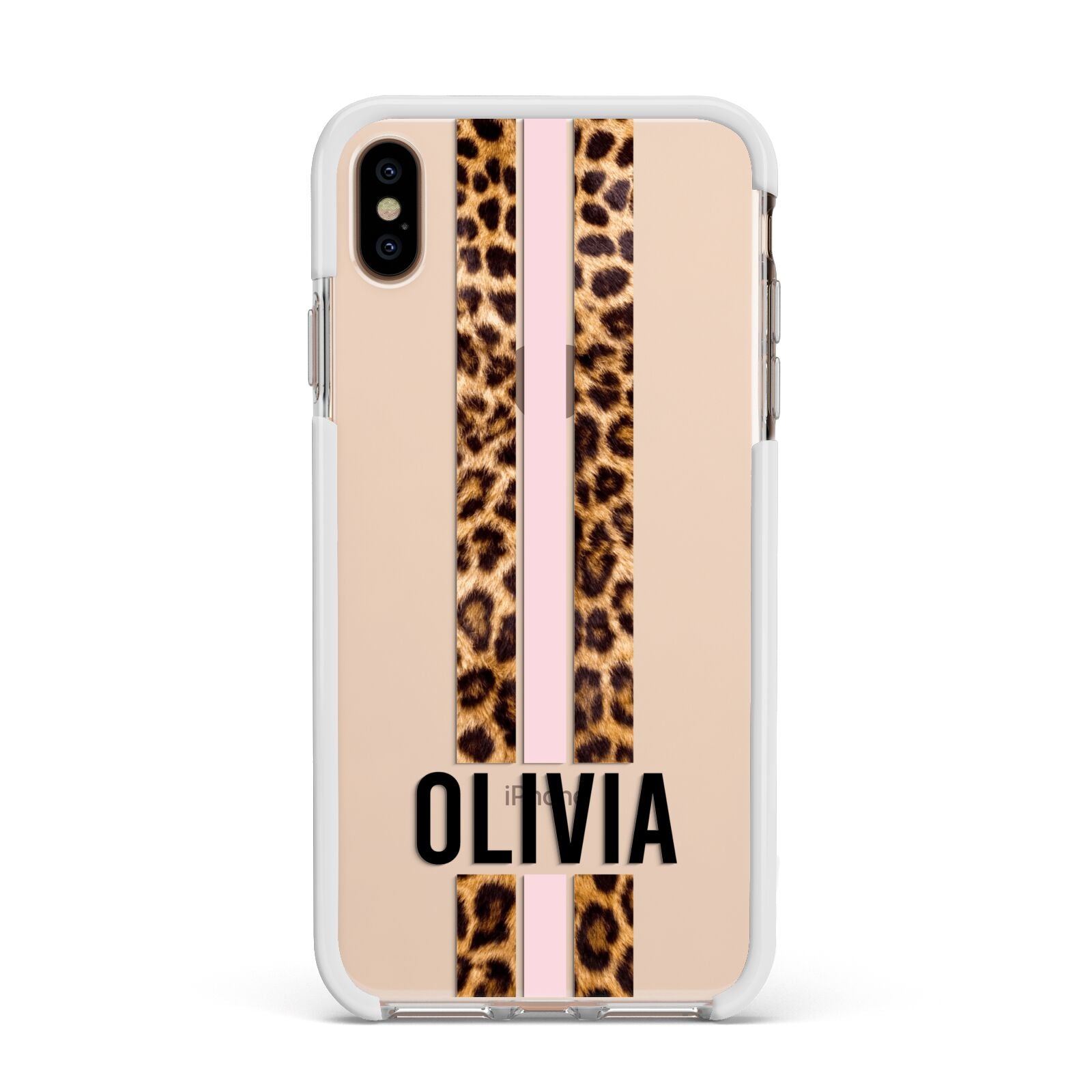 Personalised Leopard Print Stripe Apple iPhone Xs Max Impact Case White Edge on Gold Phone