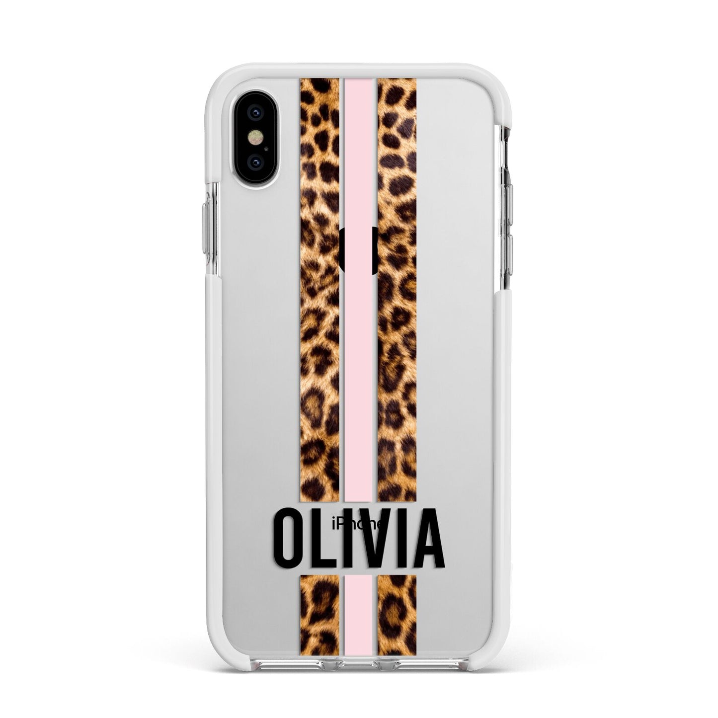 Personalised Leopard Print Stripe Apple iPhone Xs Max Impact Case White Edge on Silver Phone