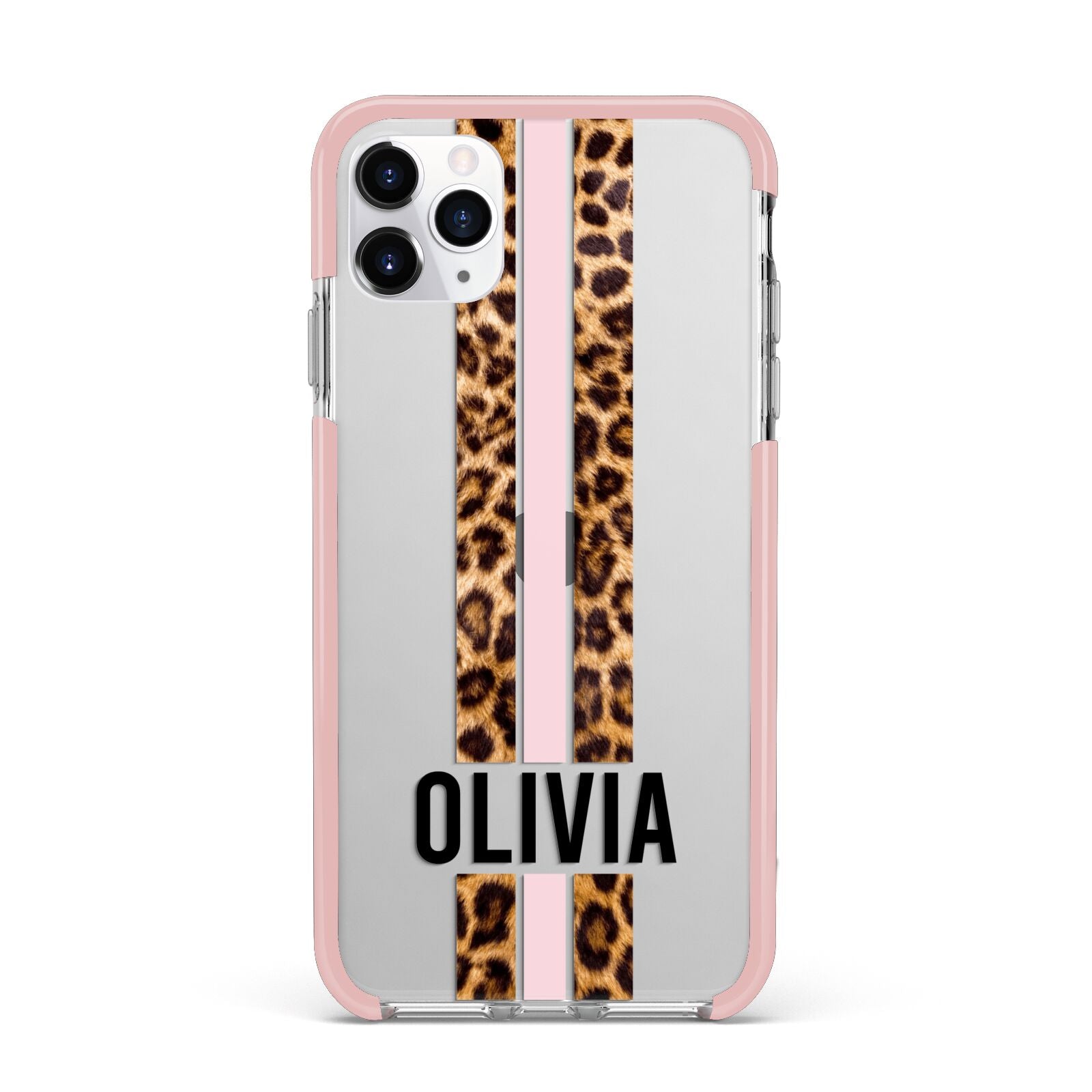 Personalised Leopard Print Stripe iPhone 11 Pro Max Impact Pink Edge Case