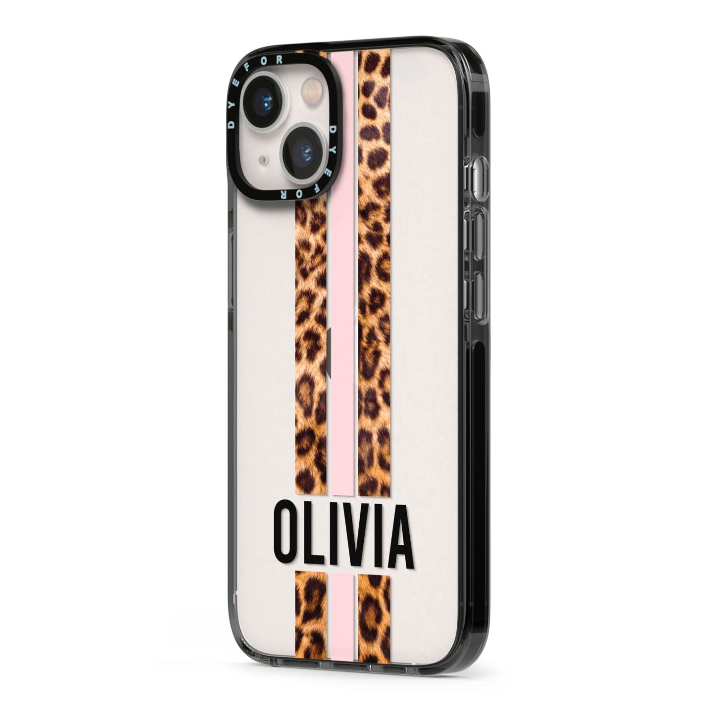 Personalised Leopard Print Stripe iPhone 13 Black Impact Case Side Angle on Silver phone