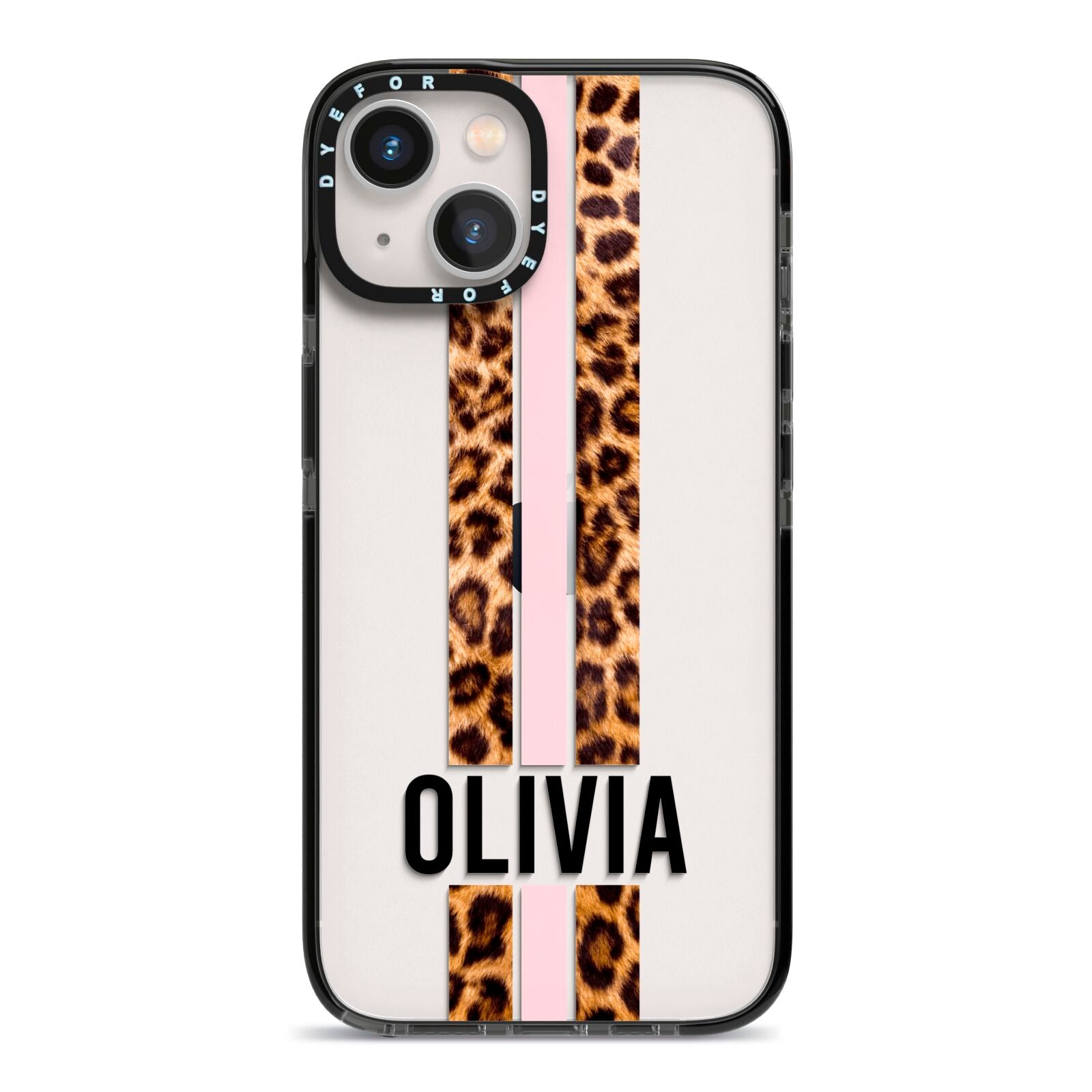 Personalised Leopard Print Stripe iPhone 13 Black Impact Case on Silver phone