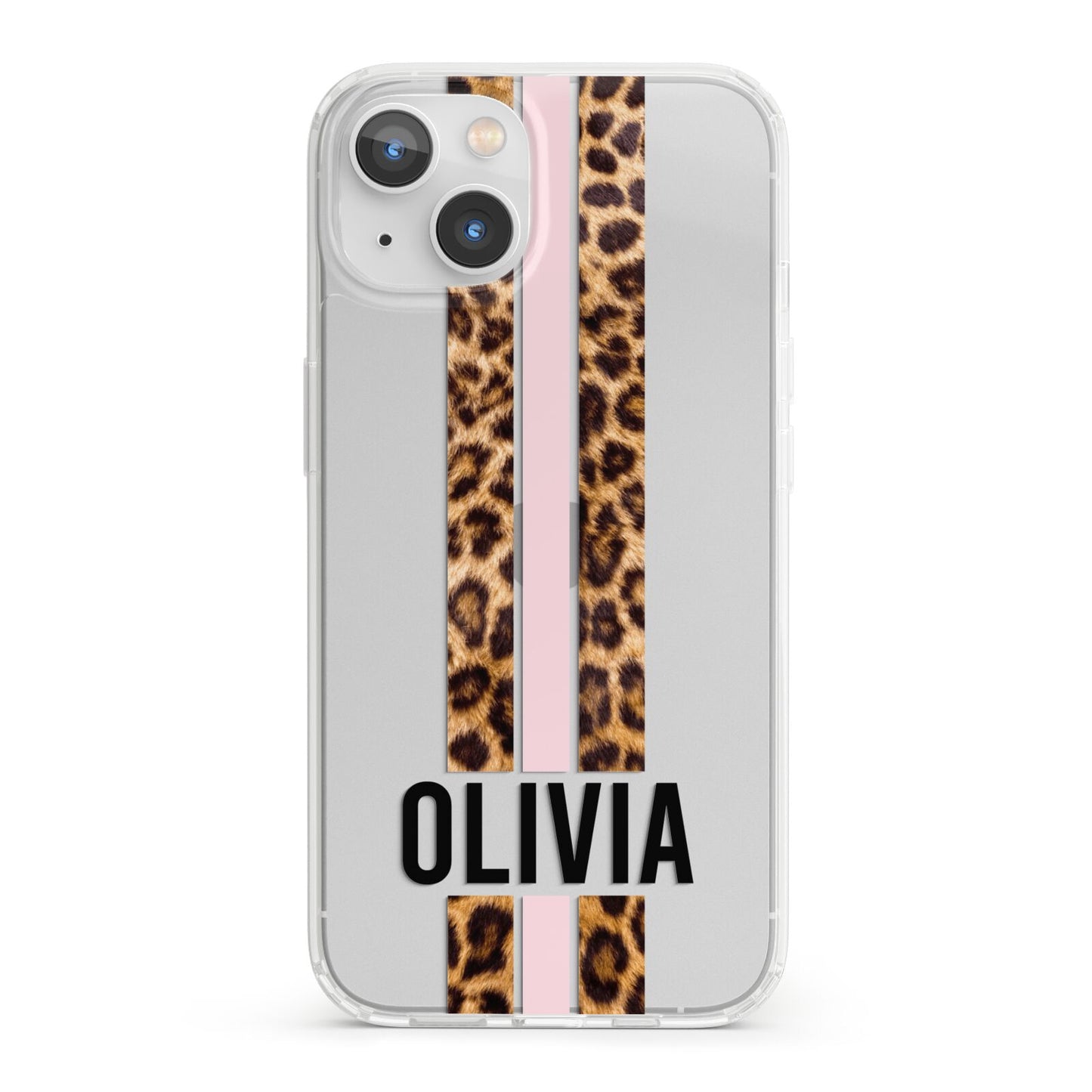 Personalised Leopard Print Stripe iPhone 13 Clear Bumper Case