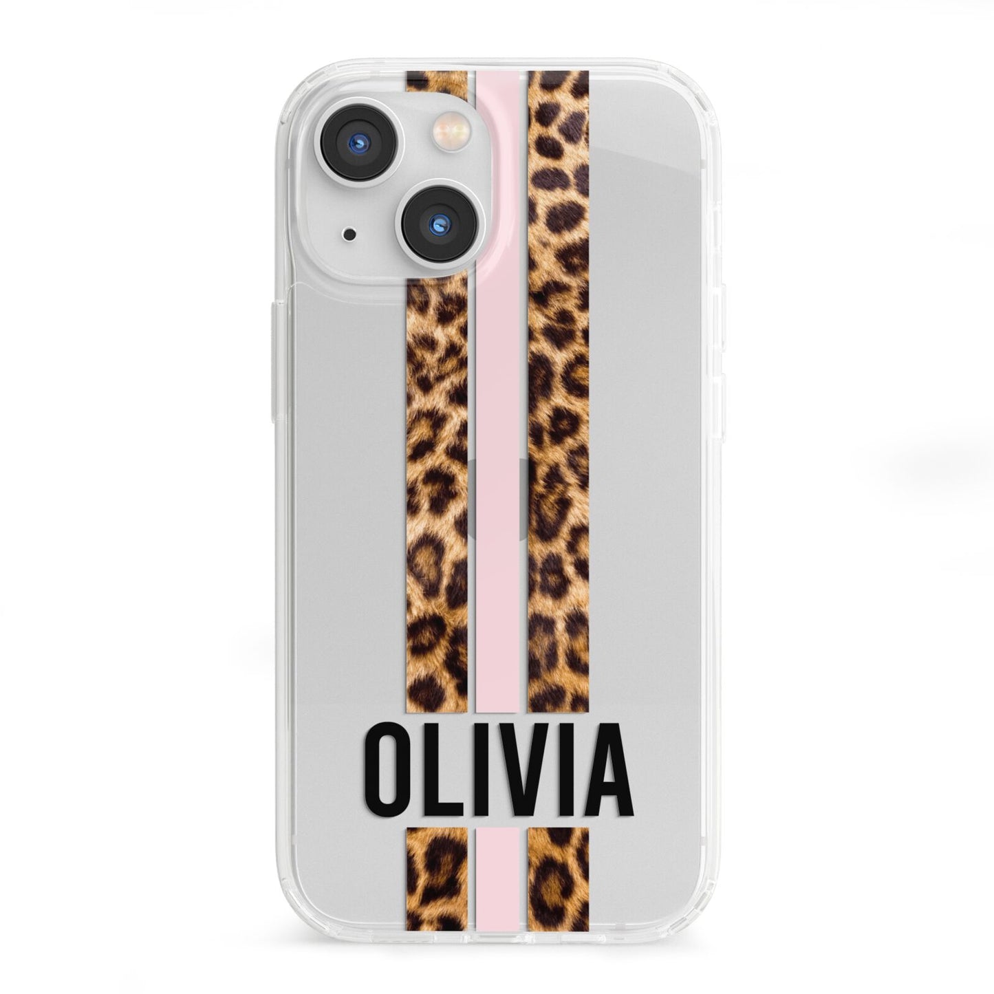 Personalised Leopard Print Stripe iPhone 13 Mini Clear Bumper Case