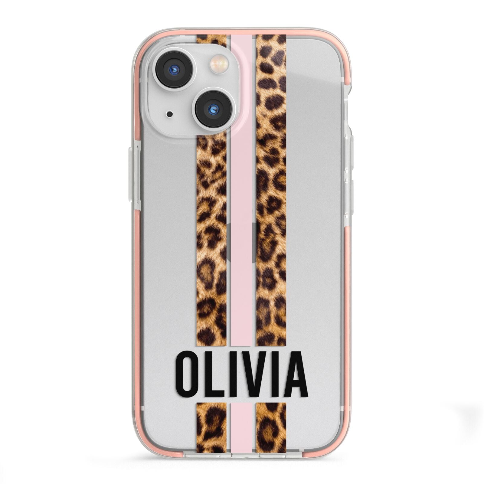 Personalised Leopard Print Stripe iPhone 13 Mini TPU Impact Case with Pink Edges