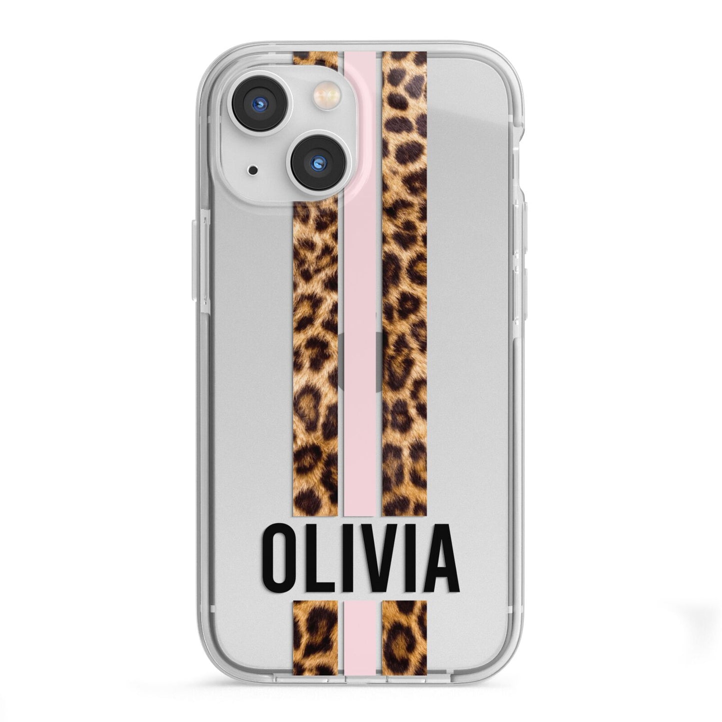 Personalised Leopard Print Stripe iPhone 13 Mini TPU Impact Case with White Edges