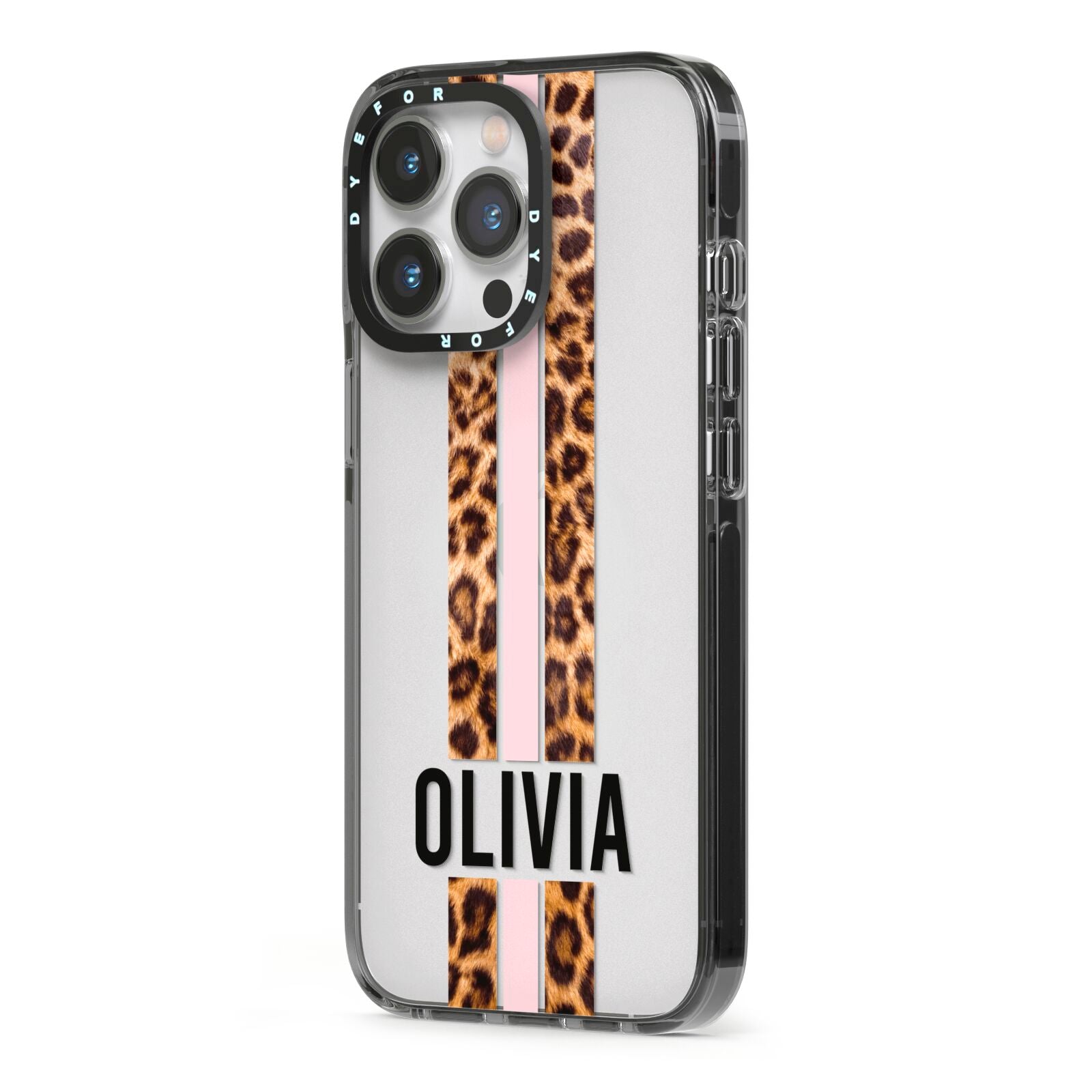 Personalised Leopard Print Stripe iPhone 13 Pro Black Impact Case Side Angle on Silver phone