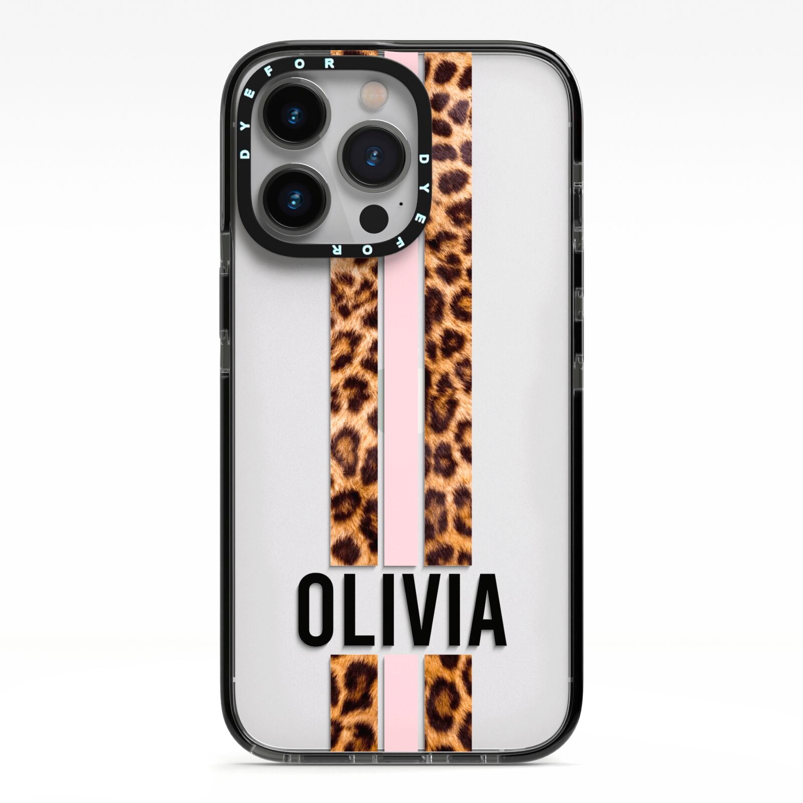 Personalised Leopard Print Stripe iPhone 13 Pro Black Impact Case on Silver phone