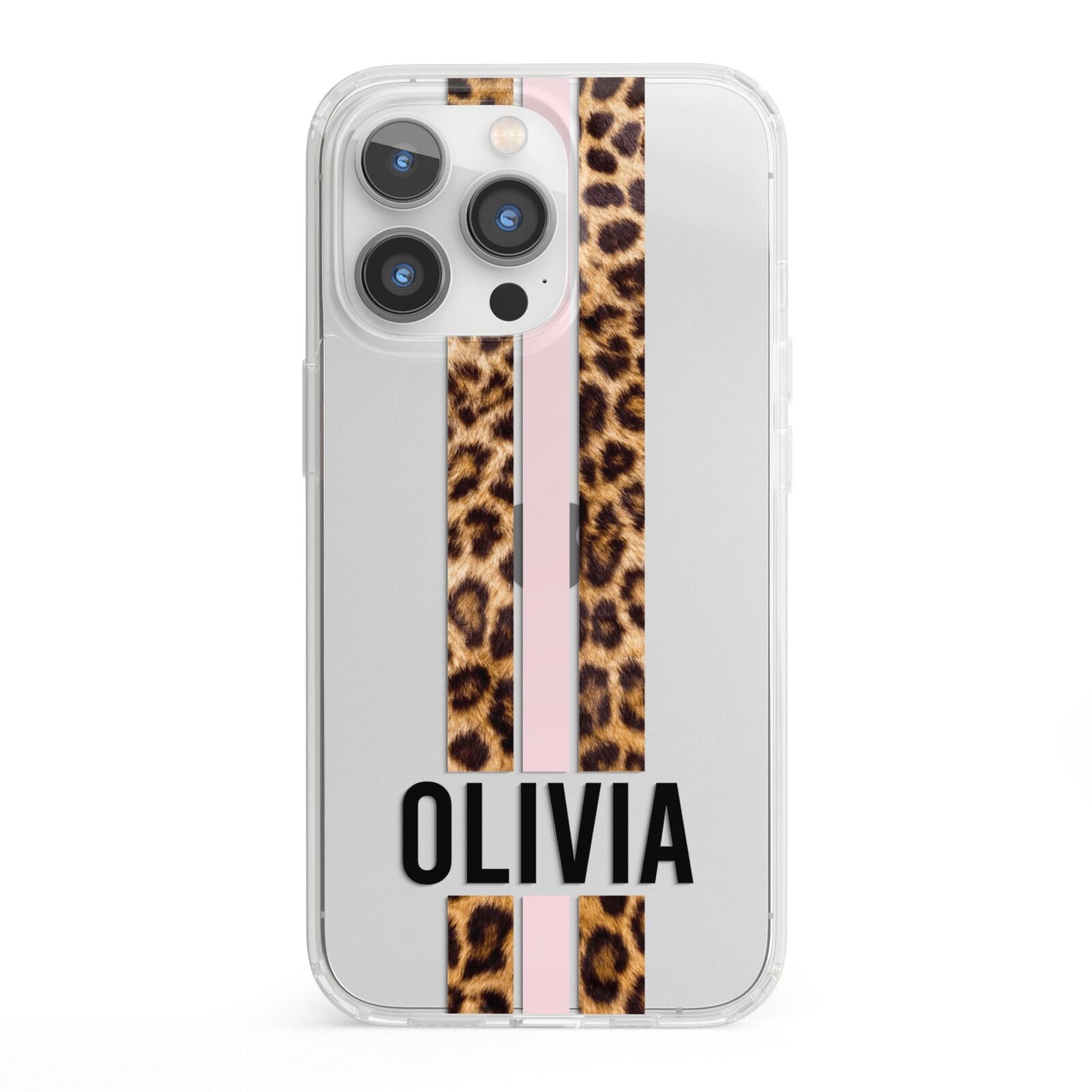 Personalised Leopard Print Stripe iPhone 13 Pro Clear Bumper Case