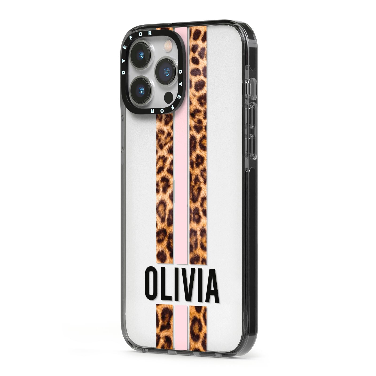 Personalised Leopard Print Stripe iPhone 13 Pro Max Black Impact Case Side Angle on Silver phone