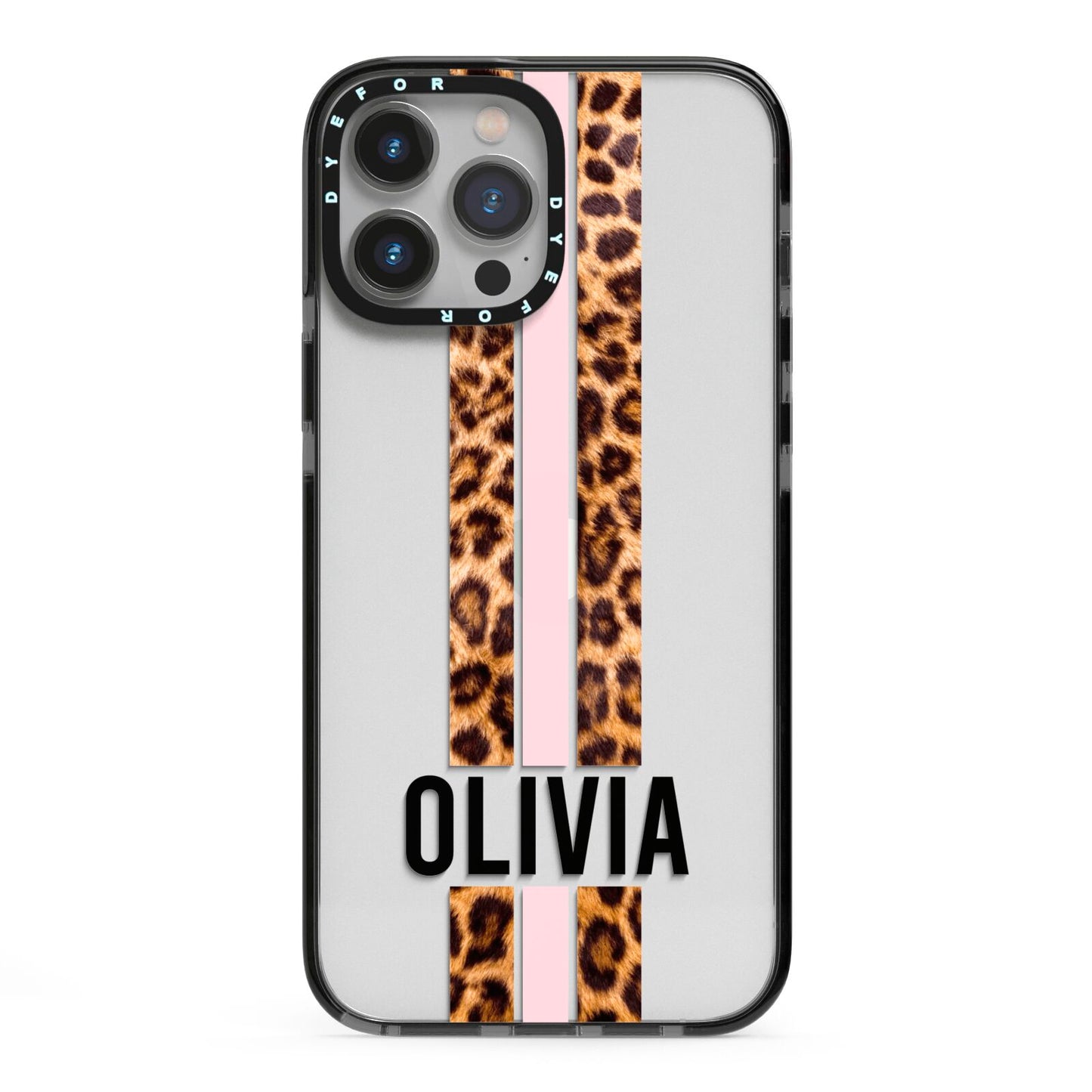 Personalised Leopard Print Stripe iPhone 13 Pro Max Black Impact Case on Silver phone