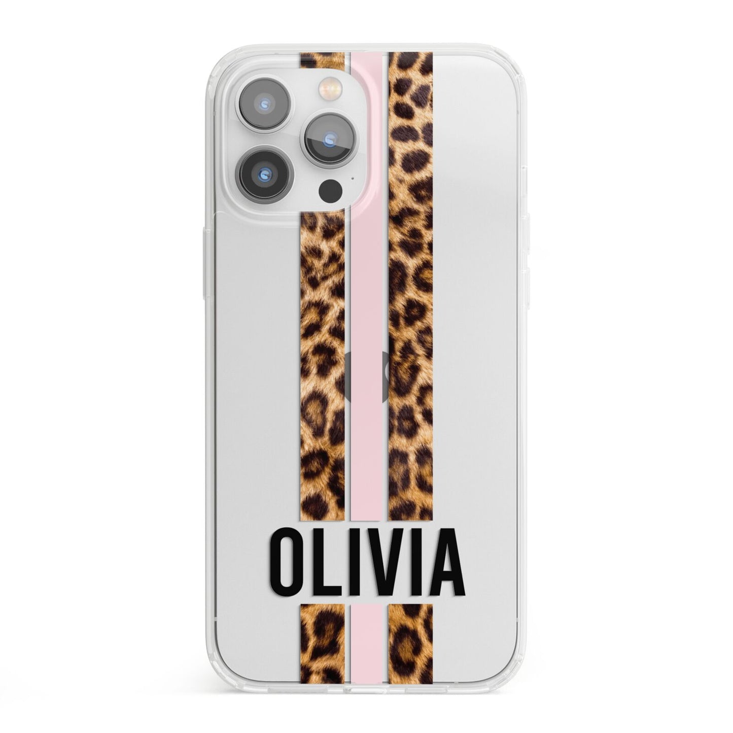 Personalised Leopard Print Stripe iPhone 13 Pro Max Clear Bumper Case