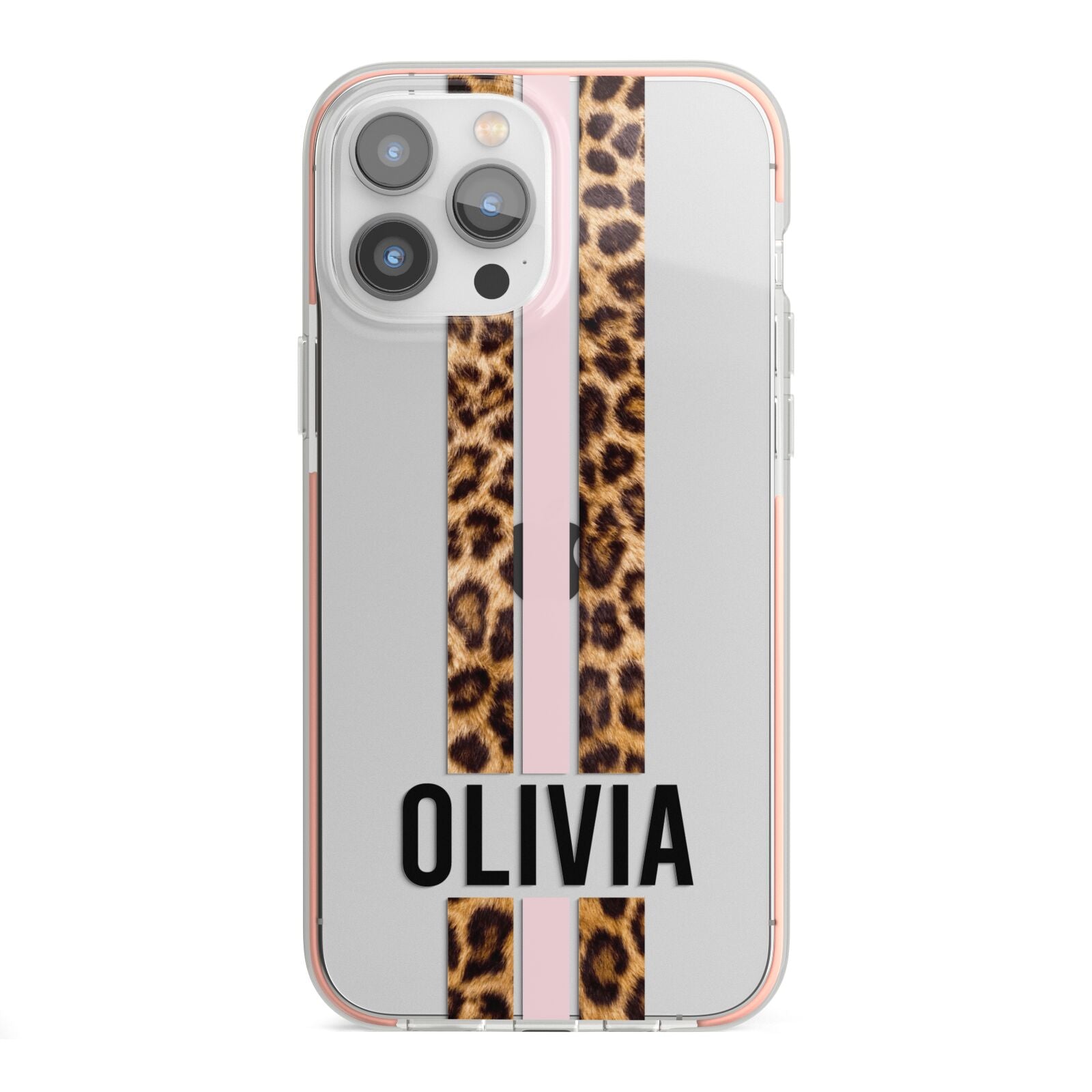Personalised Leopard Print Stripe iPhone 13 Pro Max TPU Impact Case with Pink Edges