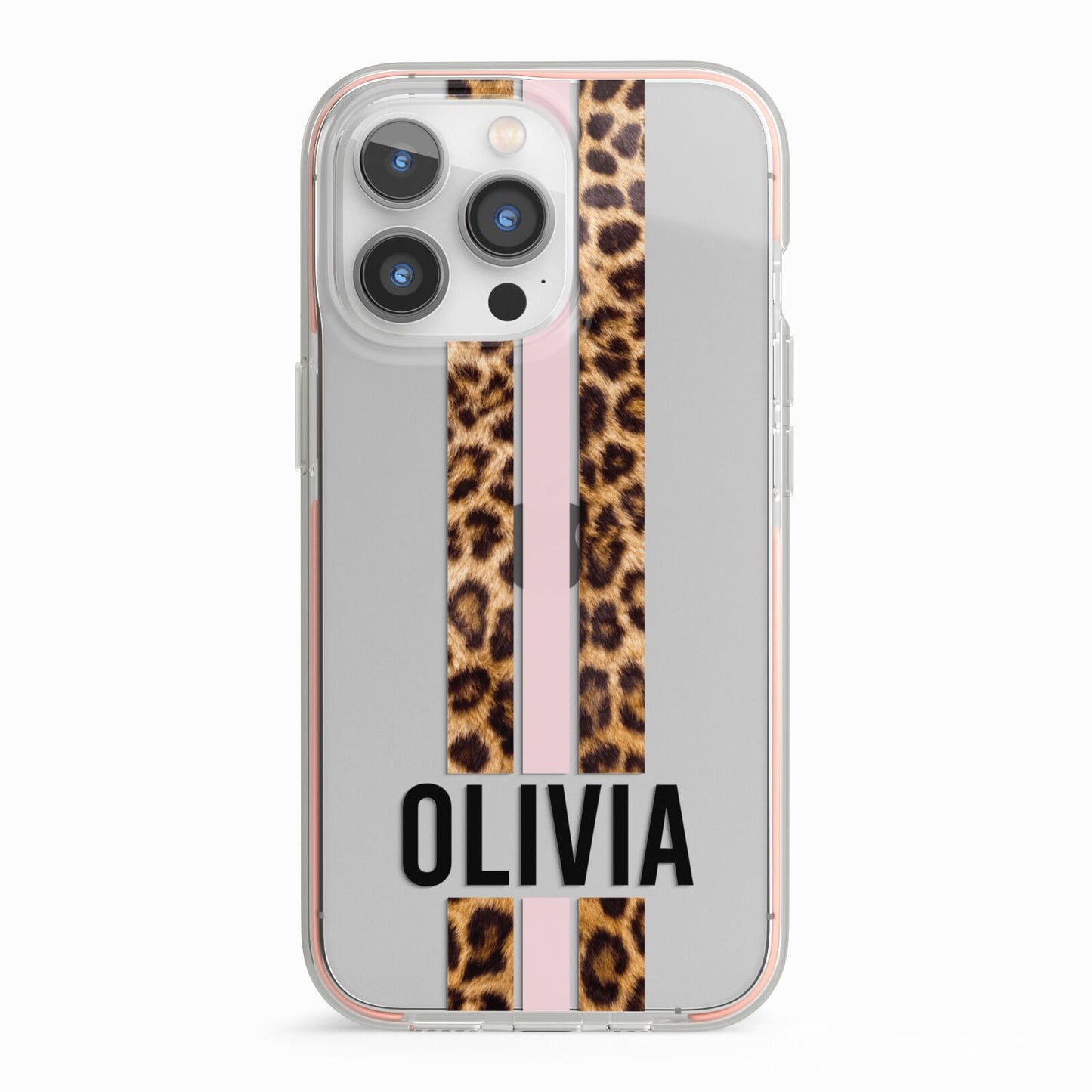 Personalised Leopard Print Stripe iPhone 13 Pro TPU Impact Case with Pink Edges