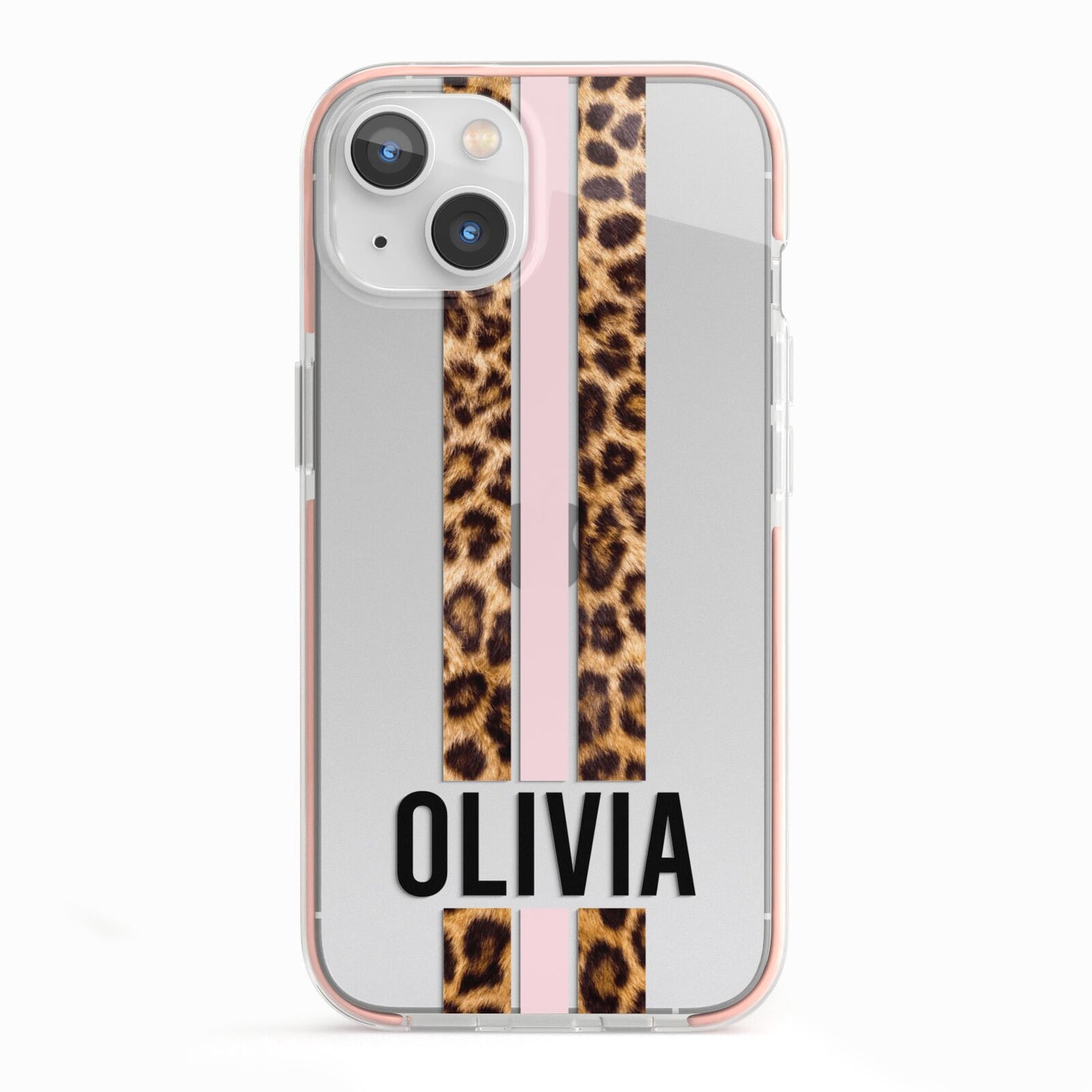 Personalised Leopard Print Stripe iPhone 13 TPU Impact Case with Pink Edges