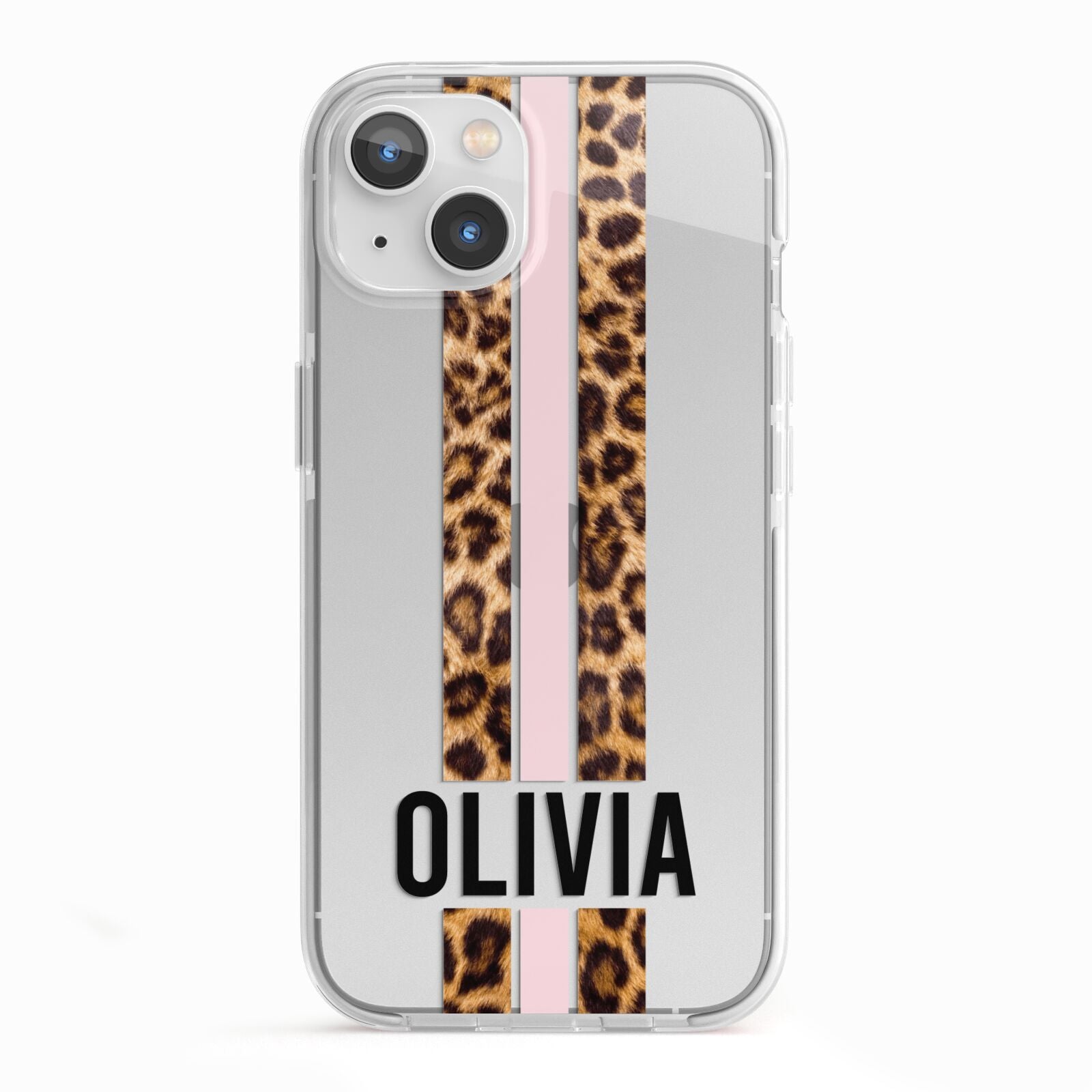 Personalised Leopard Print Stripe iPhone 13 TPU Impact Case with White Edges