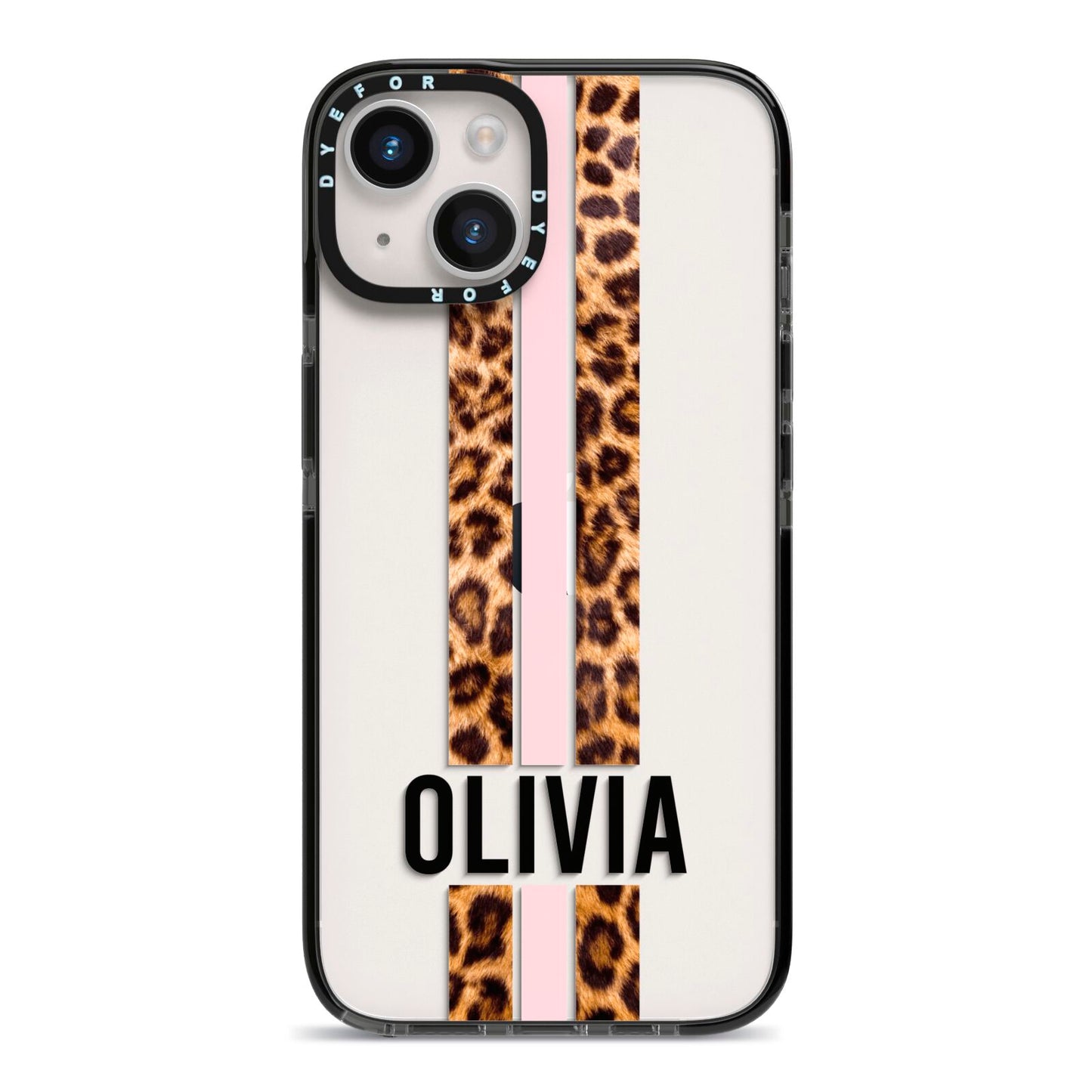 Personalised Leopard Print Stripe iPhone 14 Black Impact Case on Silver phone