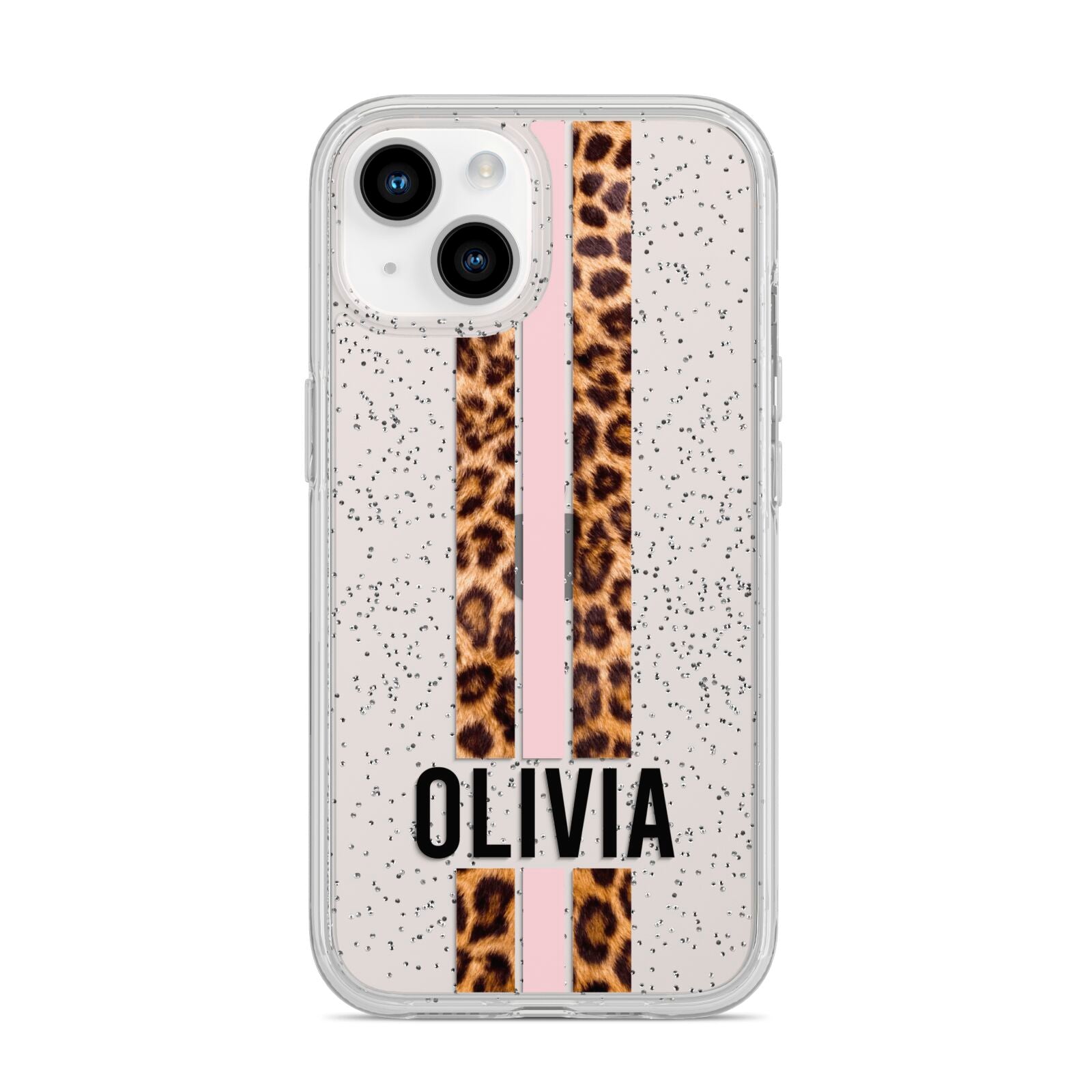 Personalised Leopard Print Stripe iPhone 14 Glitter Tough Case Starlight