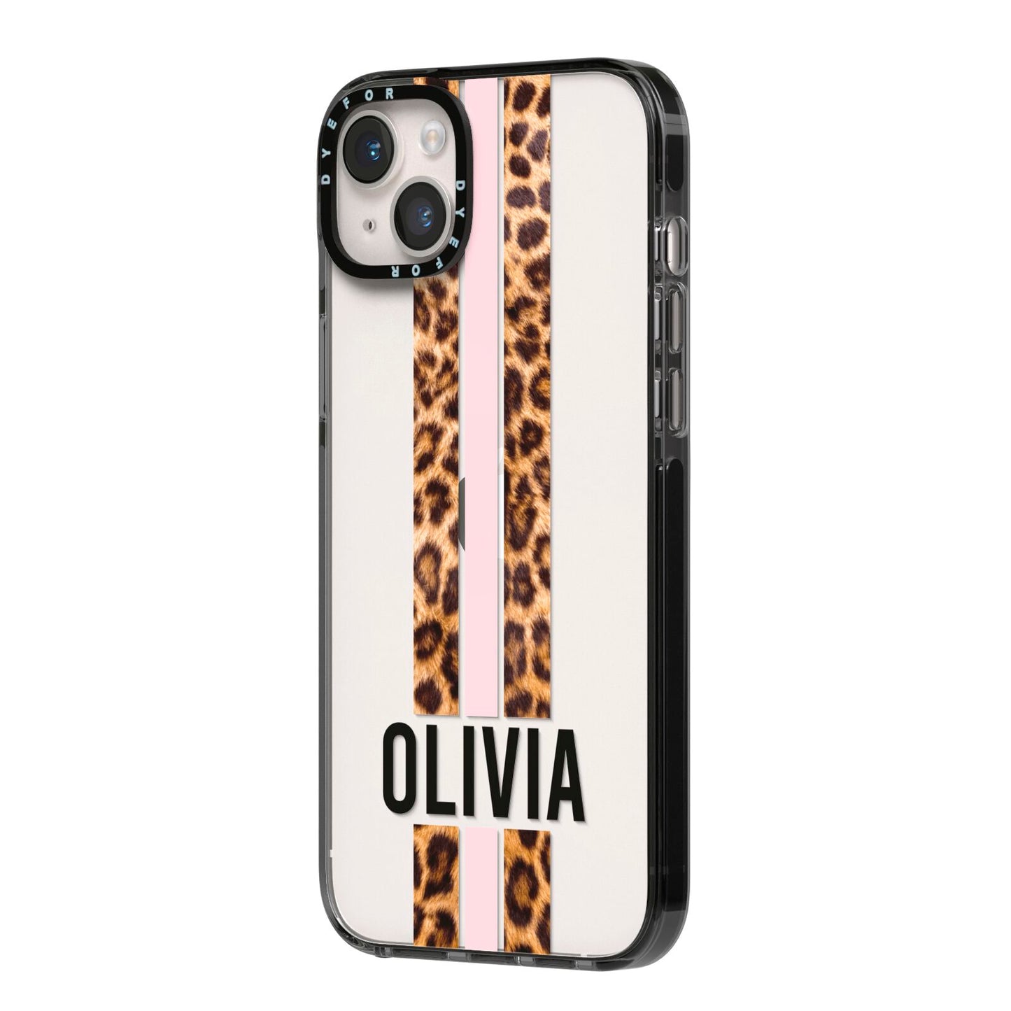 Personalised Leopard Print Stripe iPhone 14 Plus Black Impact Case Side Angle on Silver phone