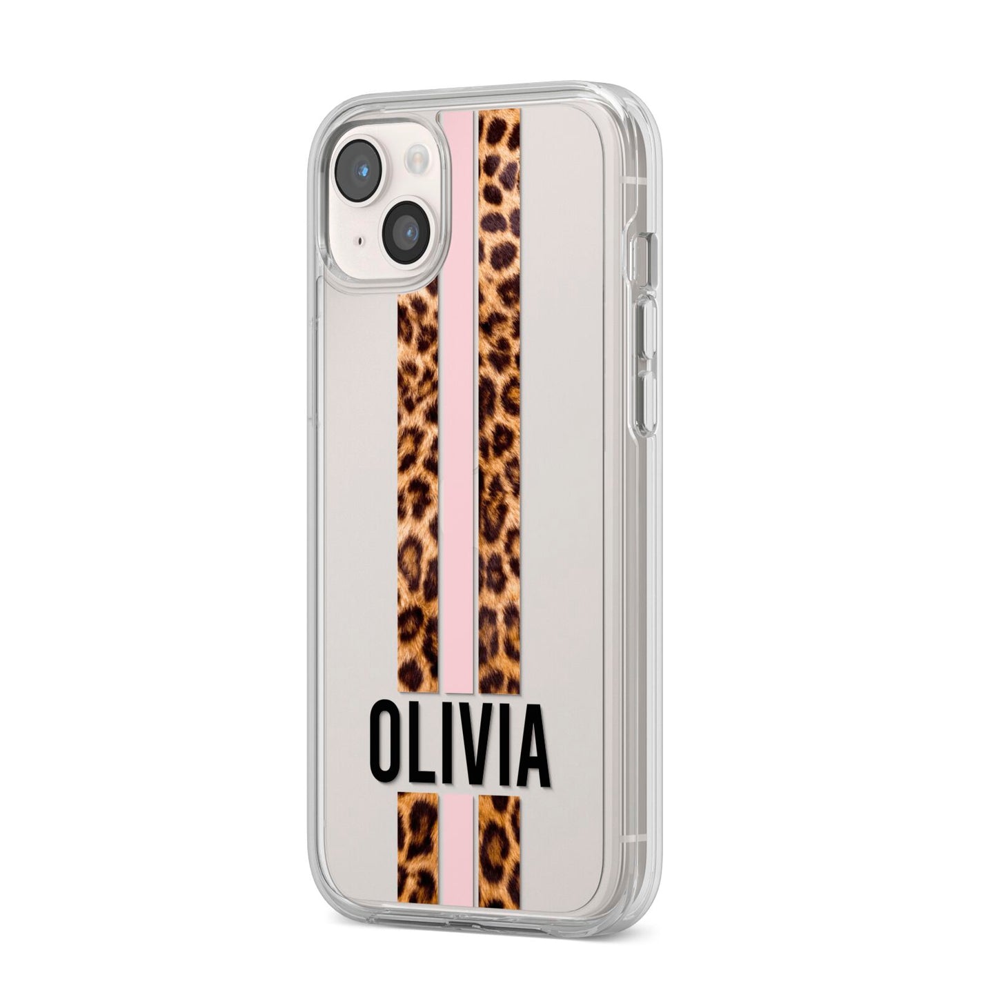 Personalised Leopard Print Stripe iPhone 14 Plus Clear Tough Case Starlight Angled Image