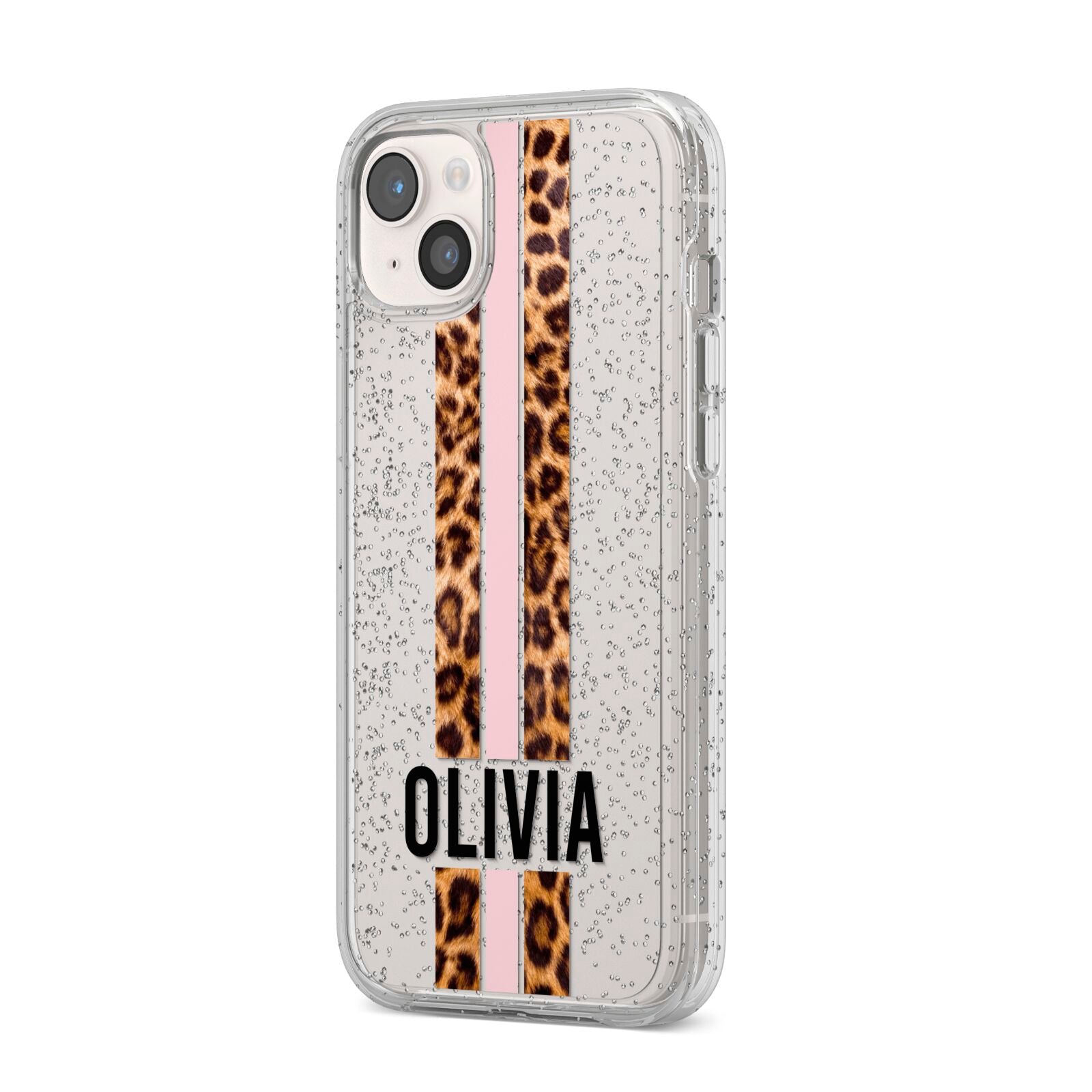 Personalised Leopard Print Stripe iPhone 14 Plus Glitter Tough Case Starlight Angled Image