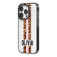 Personalised Leopard Print Stripe iPhone 14 Pro Black Impact Case Side Angle on Silver phone