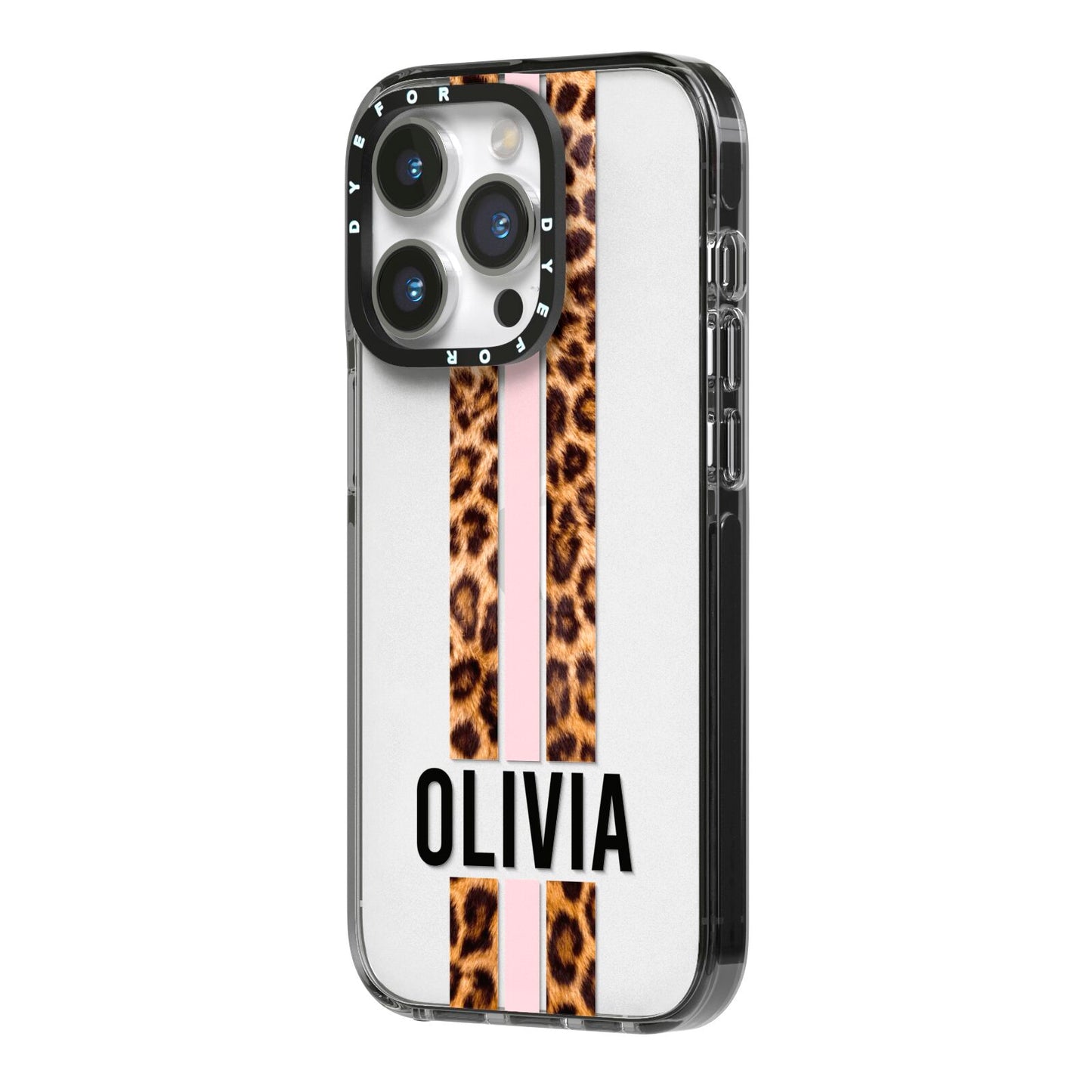 Personalised Leopard Print Stripe iPhone 14 Pro Black Impact Case Side Angle on Silver phone