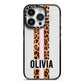 Personalised Leopard Print Stripe iPhone 14 Pro Black Impact Case on Silver phone
