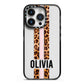 Personalised Leopard Print Stripe iPhone 14 Pro Black Impact Case on Silver phone