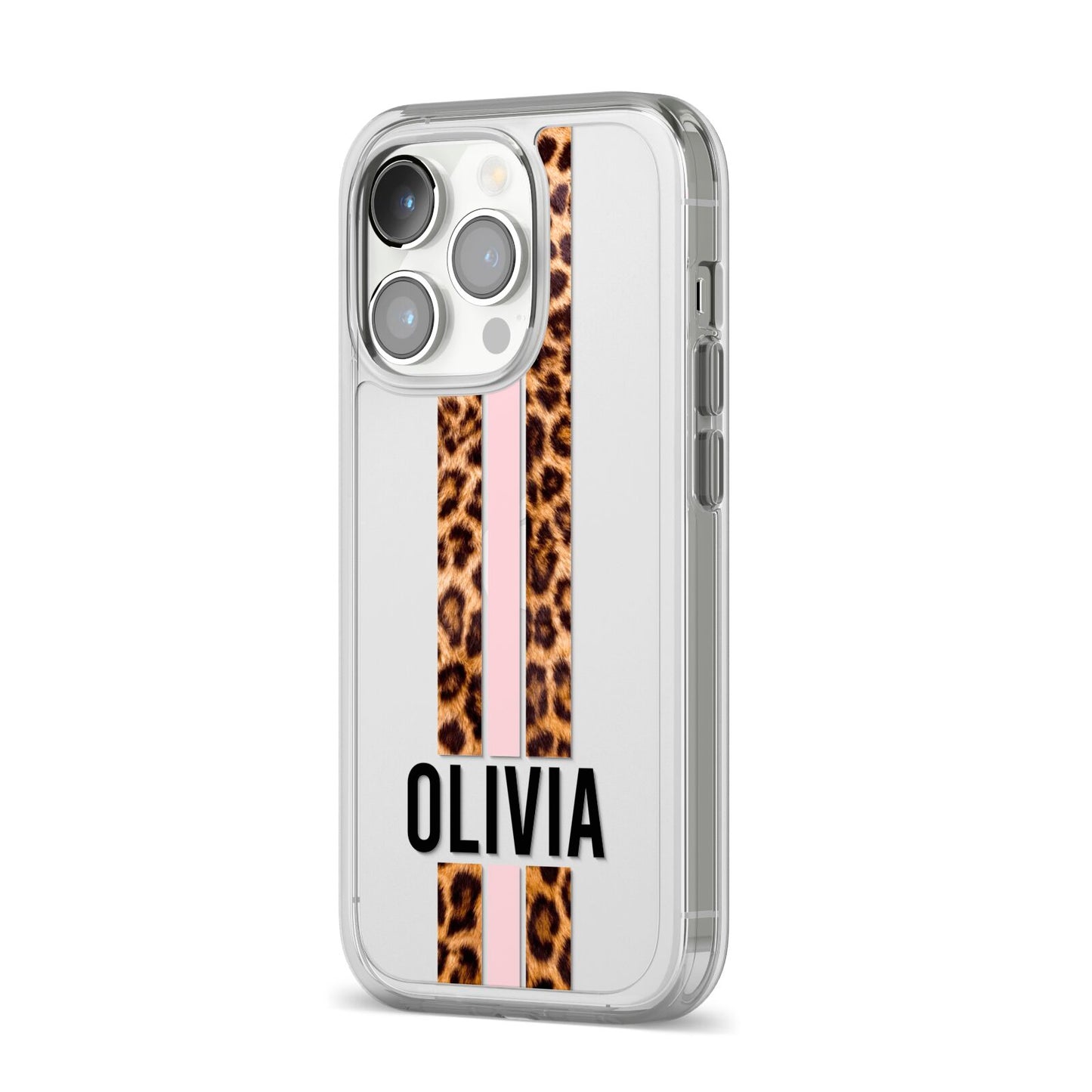 Personalised Leopard Print Stripe iPhone 14 Pro Clear Tough Case Silver Angled Image