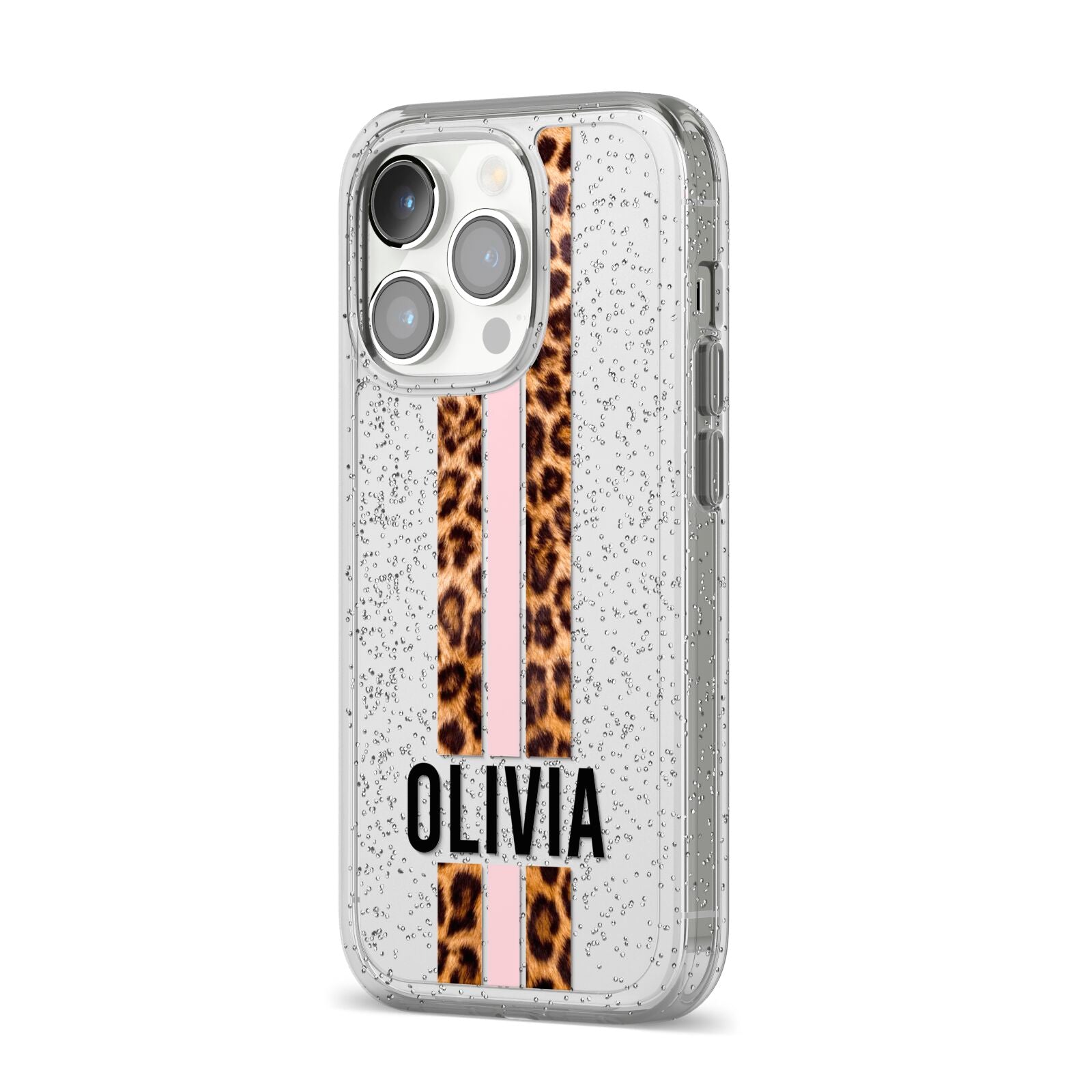 Personalised Leopard Print Stripe iPhone 14 Pro Glitter Tough Case Silver Angled Image
