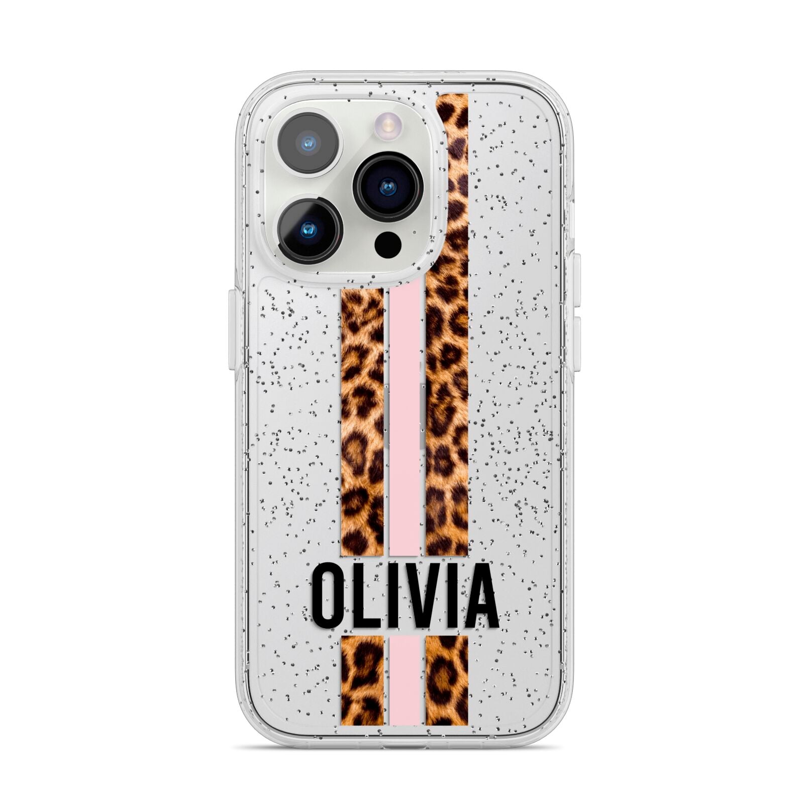 Personalised Leopard Print Stripe iPhone 14 Pro Glitter Tough Case Silver