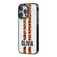 Personalised Leopard Print Stripe iPhone 14 Pro Max Black Impact Case Side Angle on Silver phone