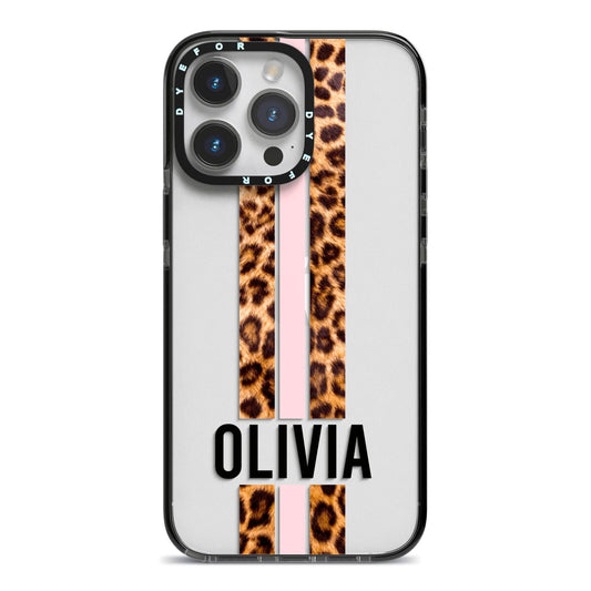 Personalised Leopard Print Stripe iPhone 14 Pro Max Black Impact Case on Silver phone