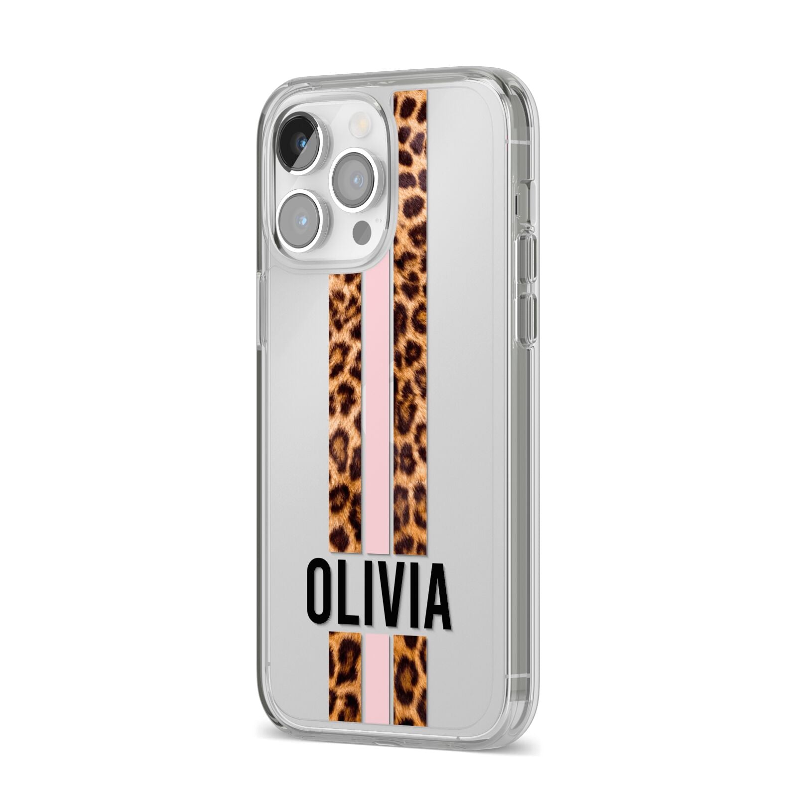 Personalised Leopard Print Stripe iPhone 14 Pro Max Clear Tough Case Silver Angled Image