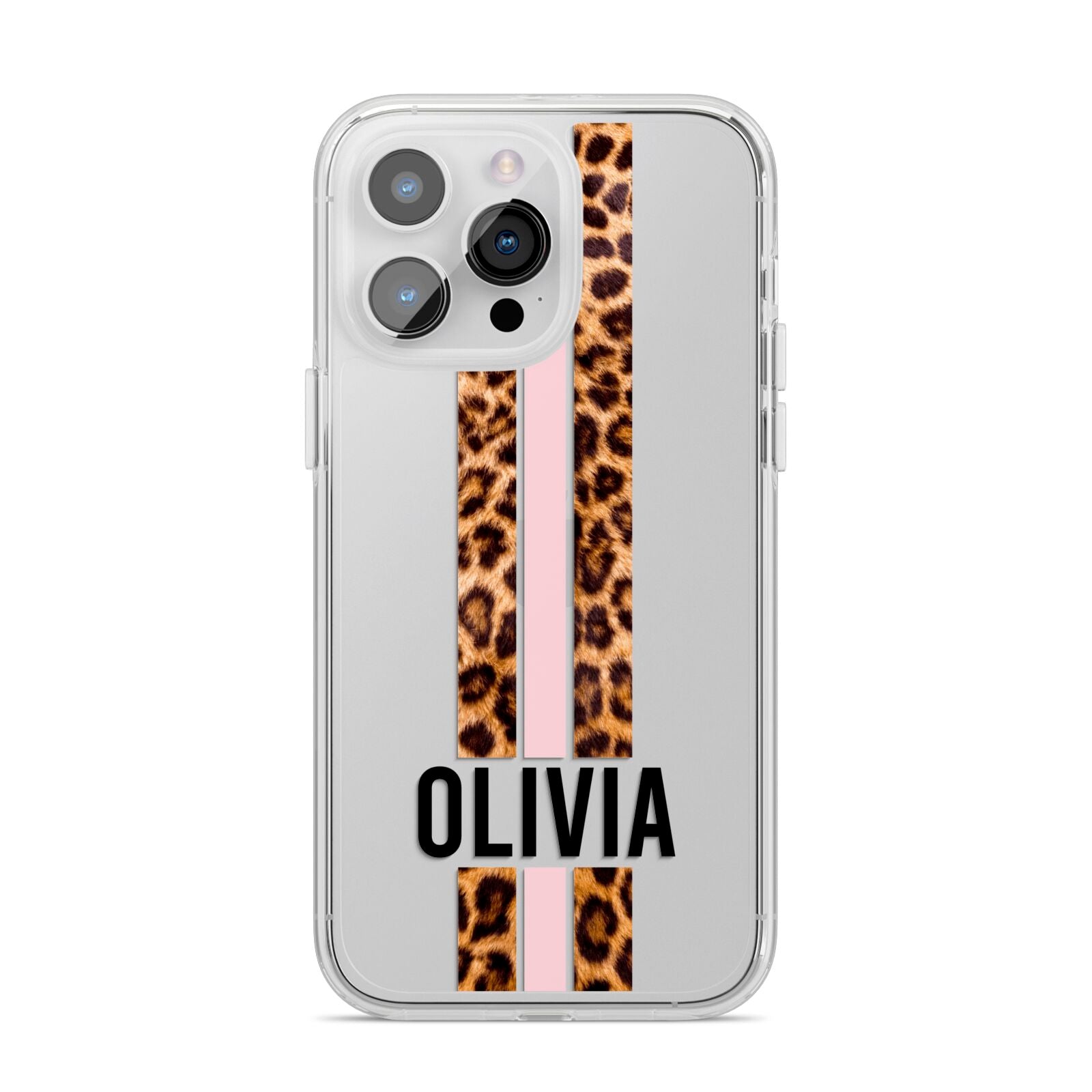 Personalised Leopard Print Stripe iPhone 14 Pro Max Clear Tough Case Silver