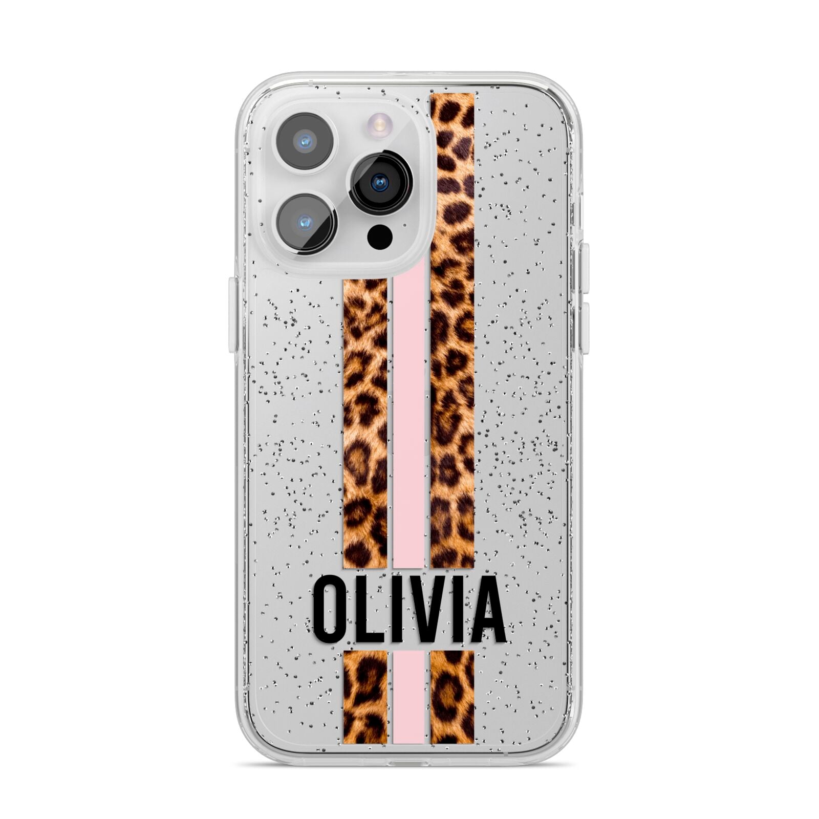 Personalised Leopard Print Stripe iPhone 14 Pro Max Glitter Tough Case Silver