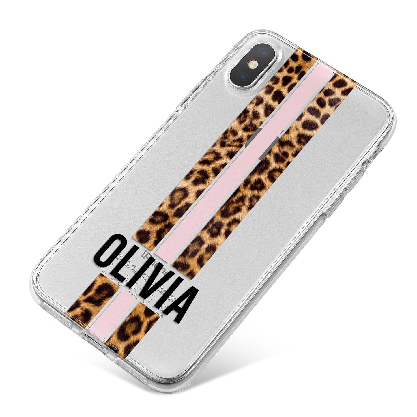 Personalised Leopard Print Stripe iPhone X Bumper Case on Silver iPhone