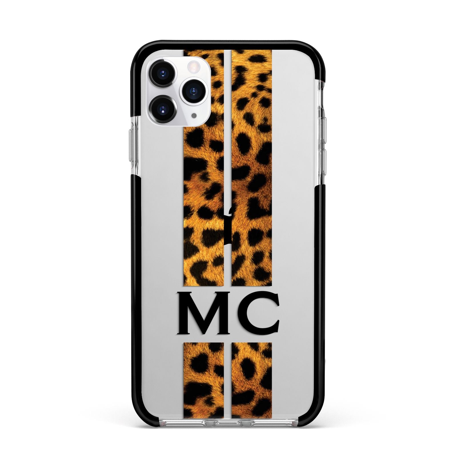 Personalised Leopard Print Stripes Initials Apple iPhone 11 Pro Max in Silver with Black Impact Case