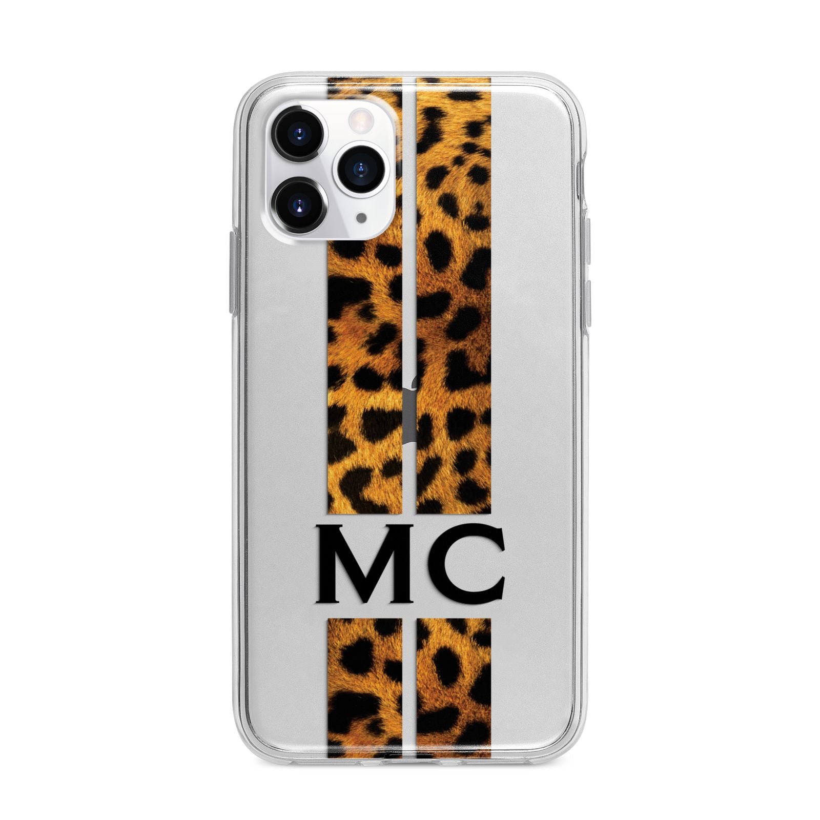 Personalised Leopard Print Stripes Initials Apple iPhone 11 Pro Max in Silver with Bumper Case