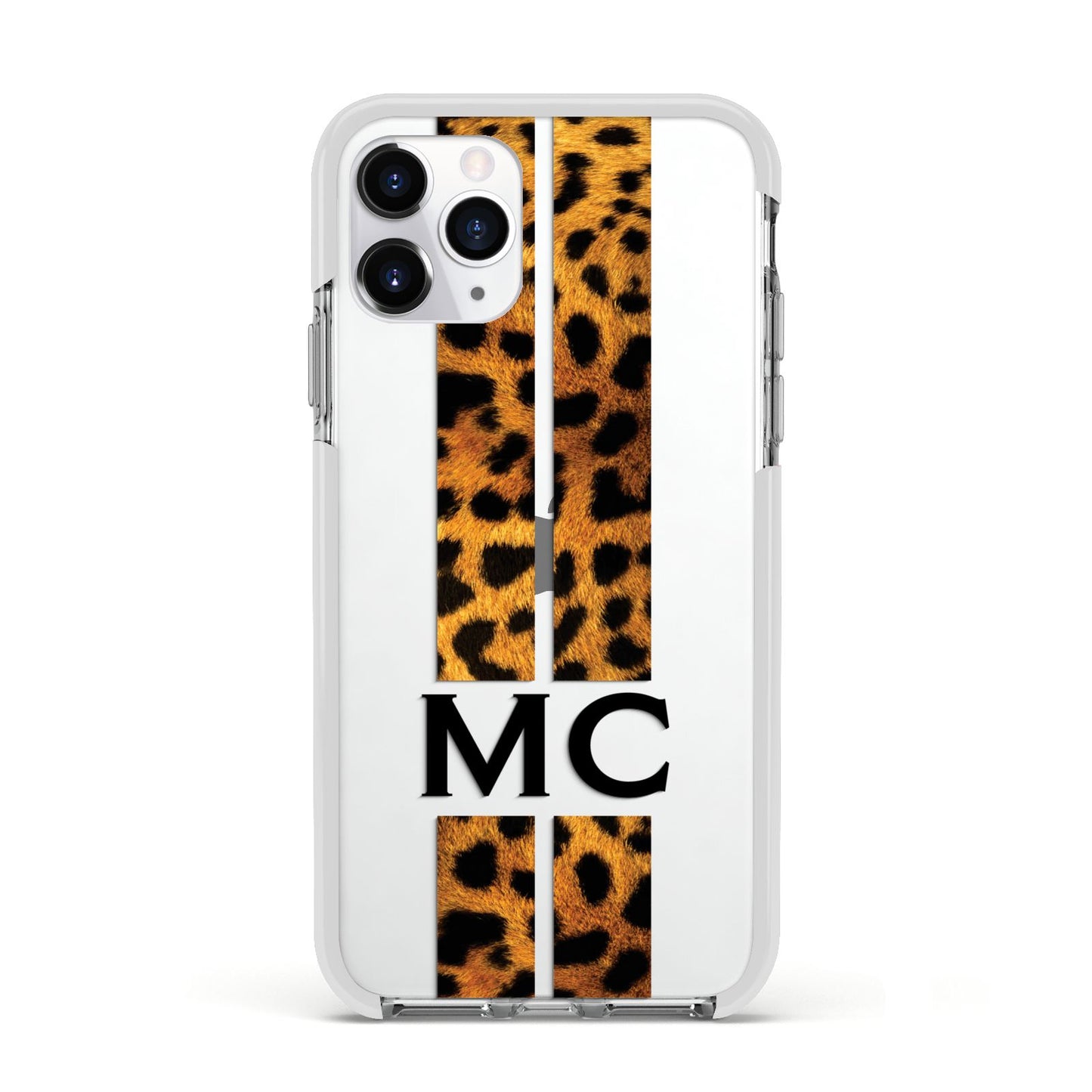 Personalised Leopard Print Stripes Initials Apple iPhone 11 Pro in Silver with White Impact Case