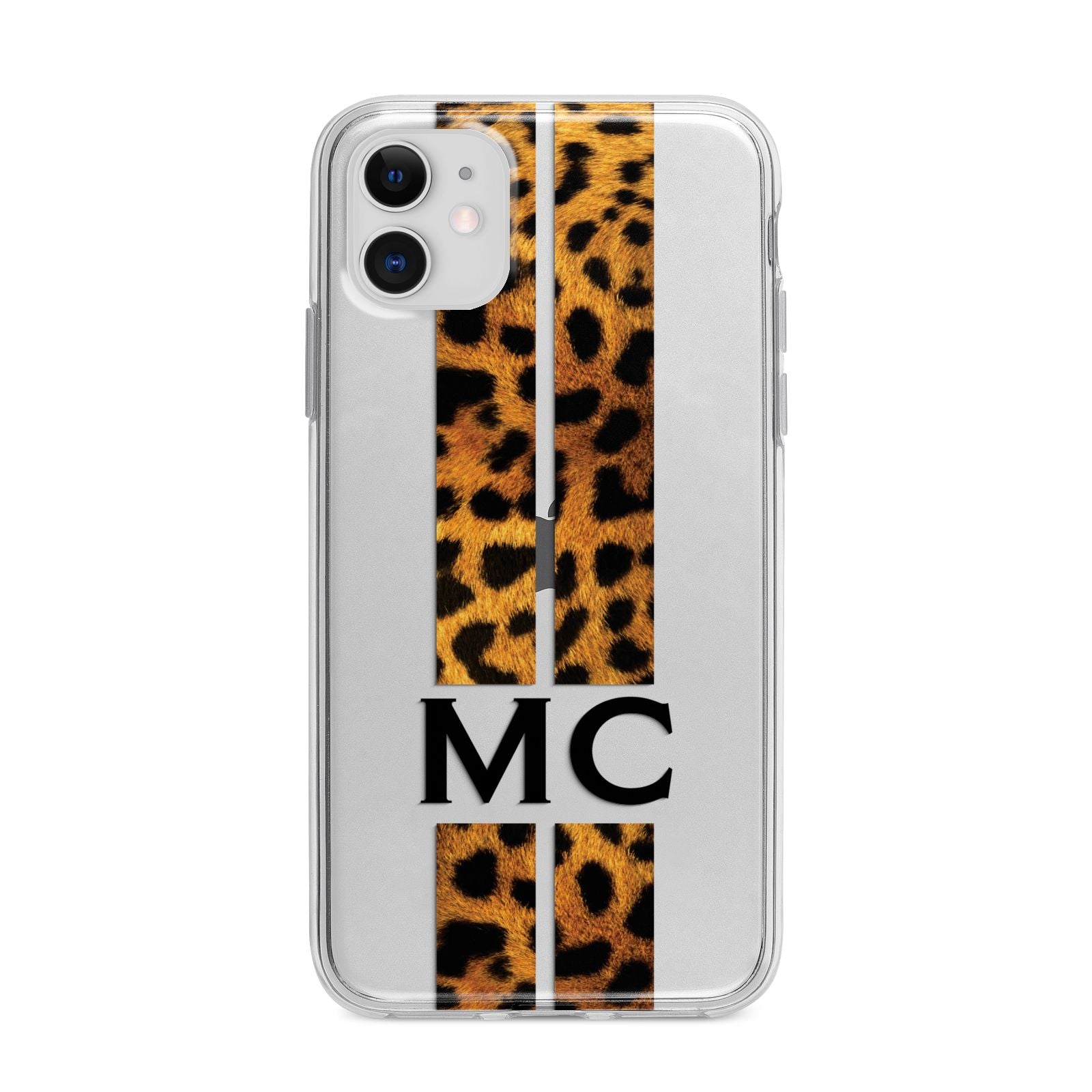 Personalised Leopard Print Stripes Initials Apple iPhone 11 in White with Bumper Case