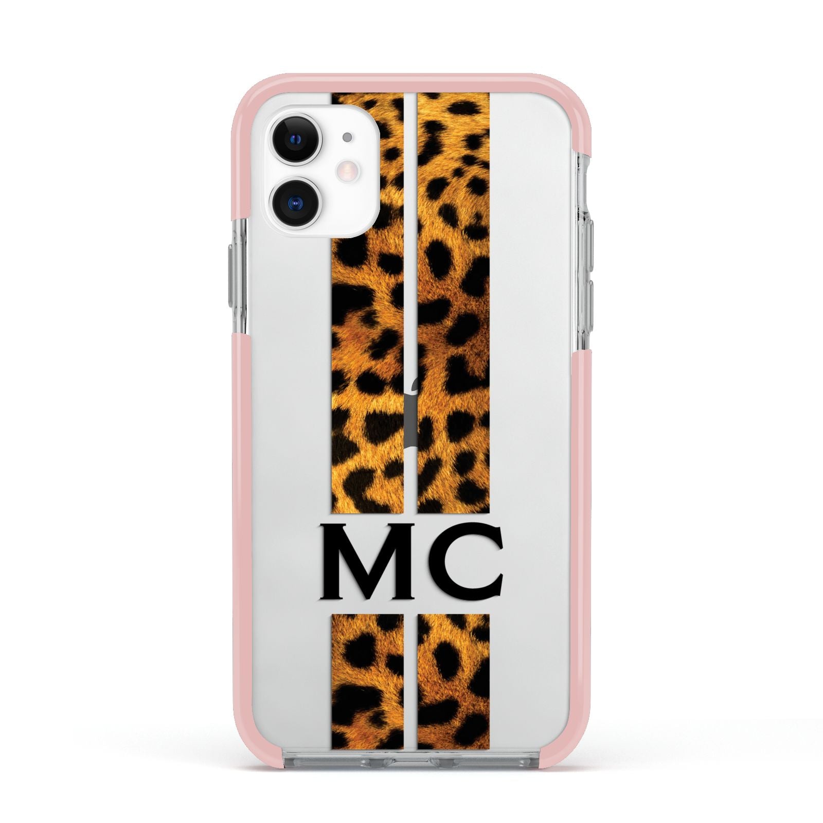 Personalised Leopard Print Stripes Initials Apple iPhone 11 in White with Pink Impact Case