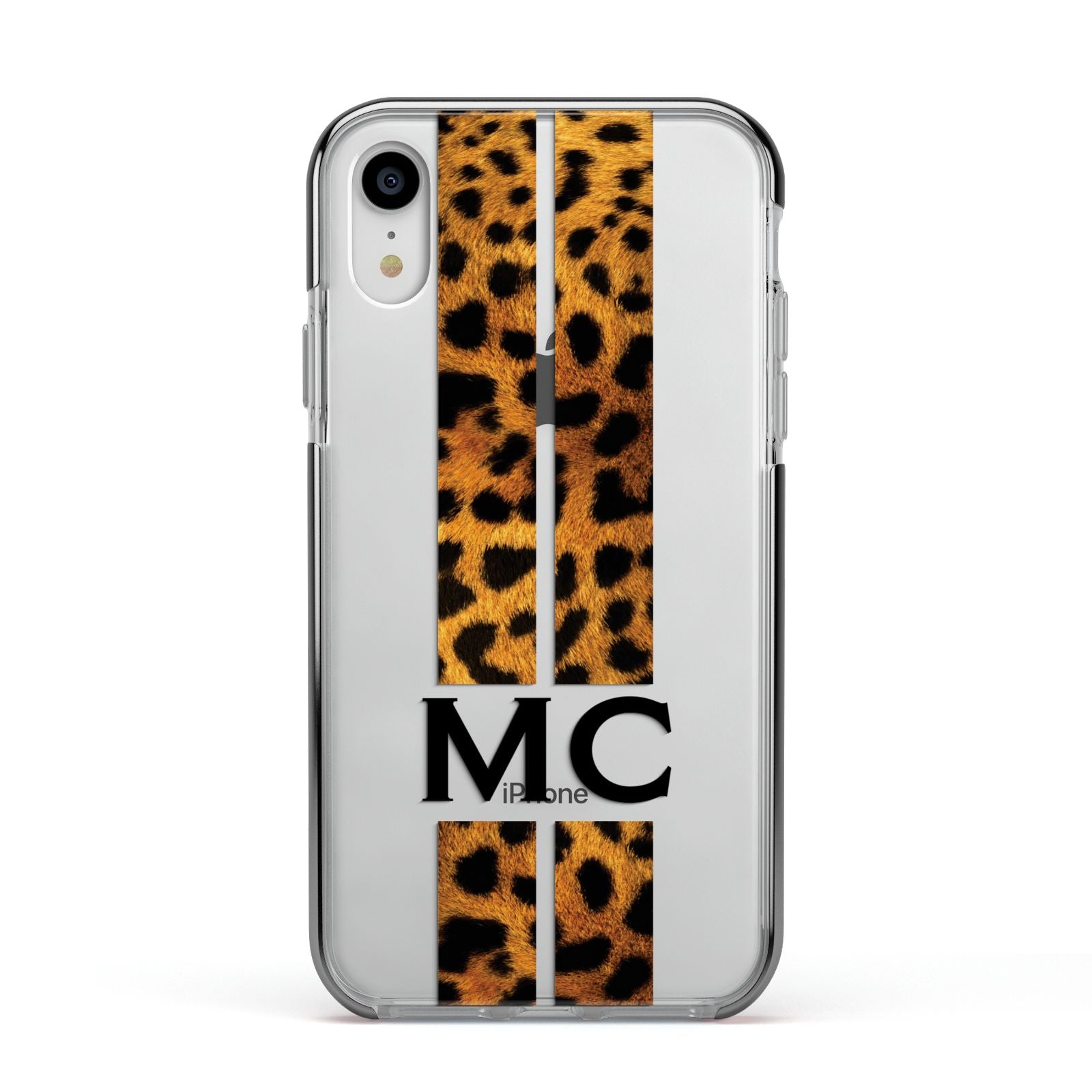 Personalised Leopard Print Stripes Initials Apple iPhone XR Impact Case Black Edge on Silver Phone